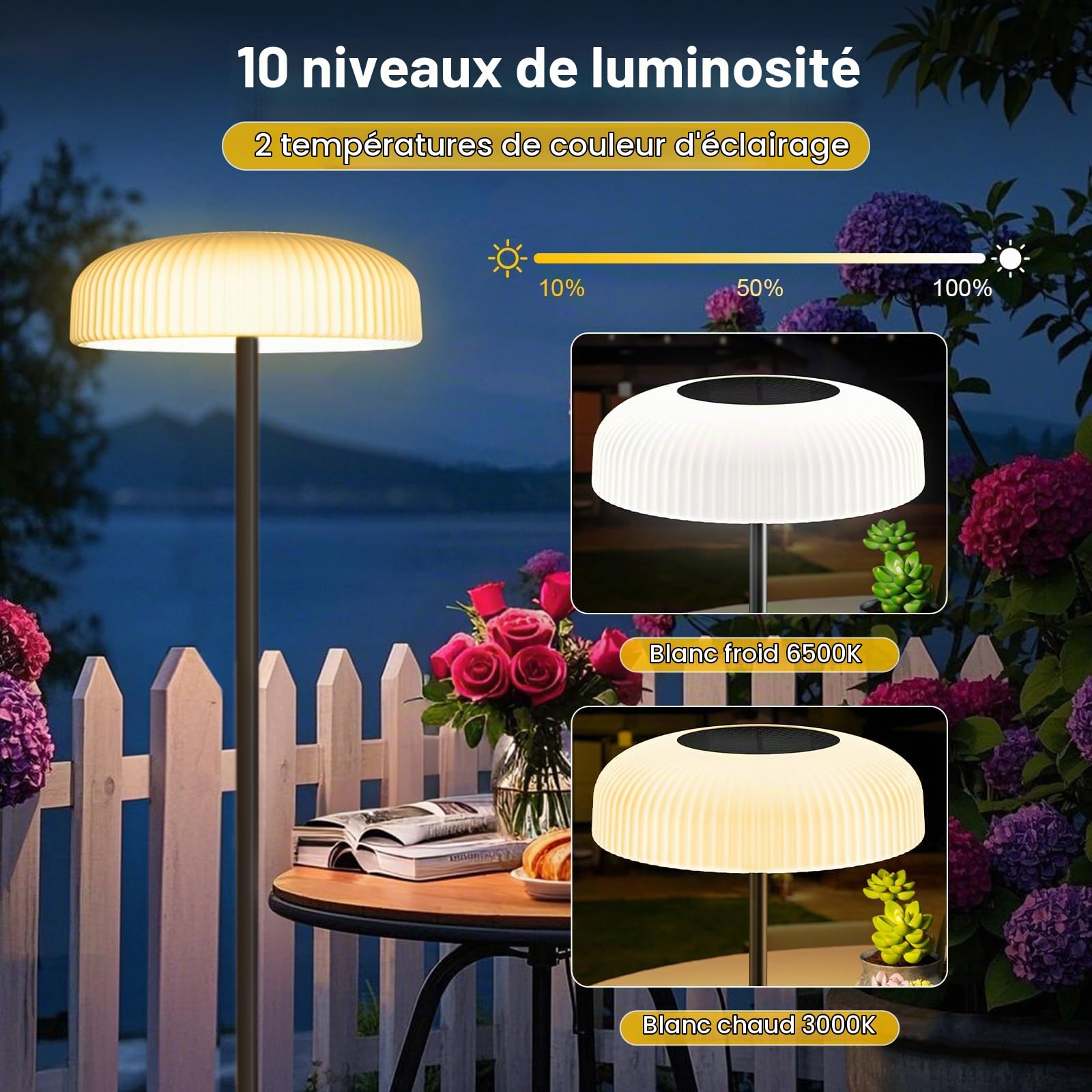 Lampadaire solaire, lampe solaire d'extérieur, 150cm | chargement USB-C, avec commande gestuelle, 10 niveaux et 2 températures de couleur, étanche, adapté aux jardins et terrasses