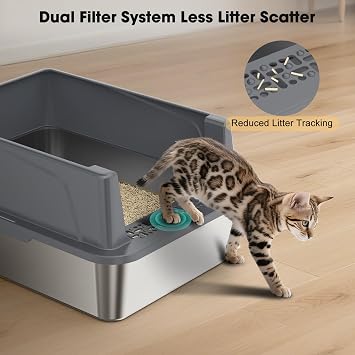 FURTIME Stainless Steel Cat Litter Tray Grey with Detachable Enclosure, 21cm High Sided Cat Litter Box Anti-Spillage and 44cm Small Litter Tray with Lid for All Cats, with Litter Scoop, 44x34x21cm