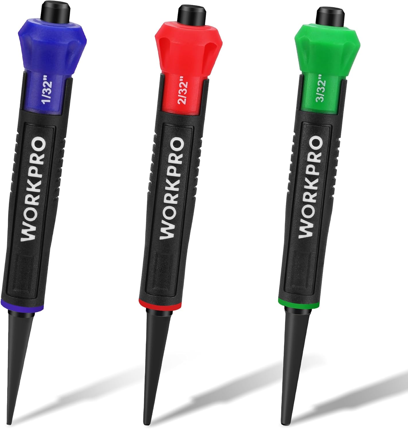 WORKPRO 3-Piece Nail Punch Set, Includes 1/32″, 1/16″, 3/32″ Nail Setter, Color Coded Nail Set Tool with Shock-Absorbing Grip