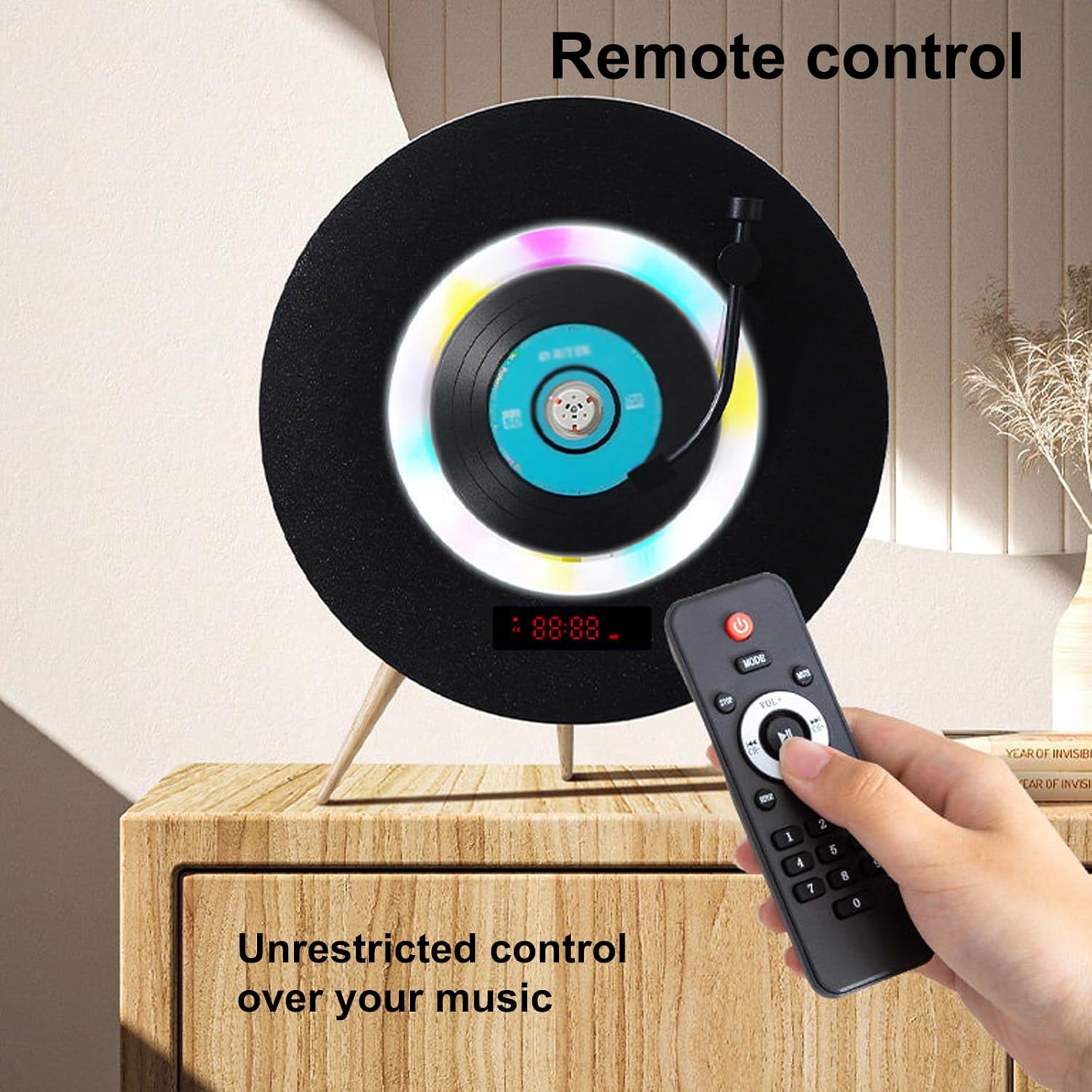 Illuminated CD Player, Vertical CD Player, with Remote Control & Multiple Lighting Modes, Press-to-Remove Disc Design, Built-in Dual Independent Cavity Speakers, for Living Room, Bedroom