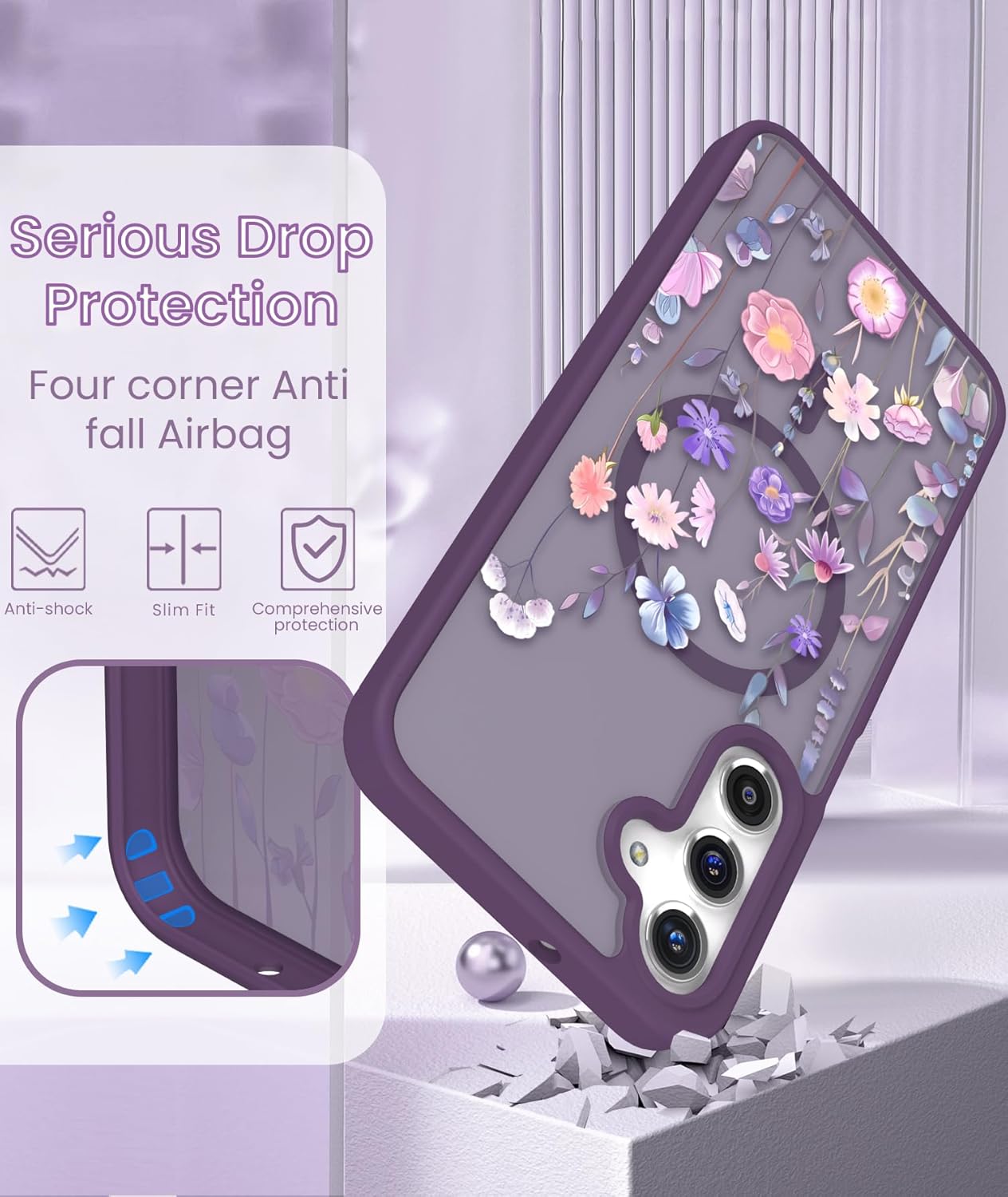 for Samsung Galaxy A16 5G Floral Phone Case with 2X Screen Protector, Military Grade Magnetic Translucent Matte Girls Women Flower Pattern Protective Cover for A16 5G (Deep Purple) | 2X Screen Protector, Military Grade, Magnetic, Translucent, Matte, Girls Women - Image 6