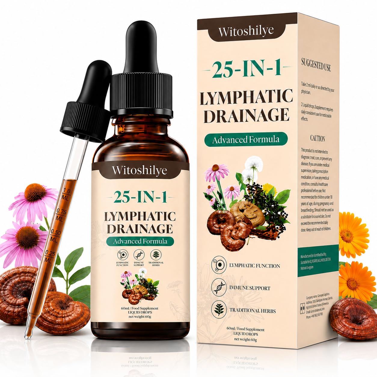 Lymphatic Drainage Supplements Drops for Immune, Cleanse & Detox, Lymph System Support, Liver Health with Calendula,Elderberry,Cleavers Herb,Burdock, Non-GMO, Raspberry Flavor（60 ml）