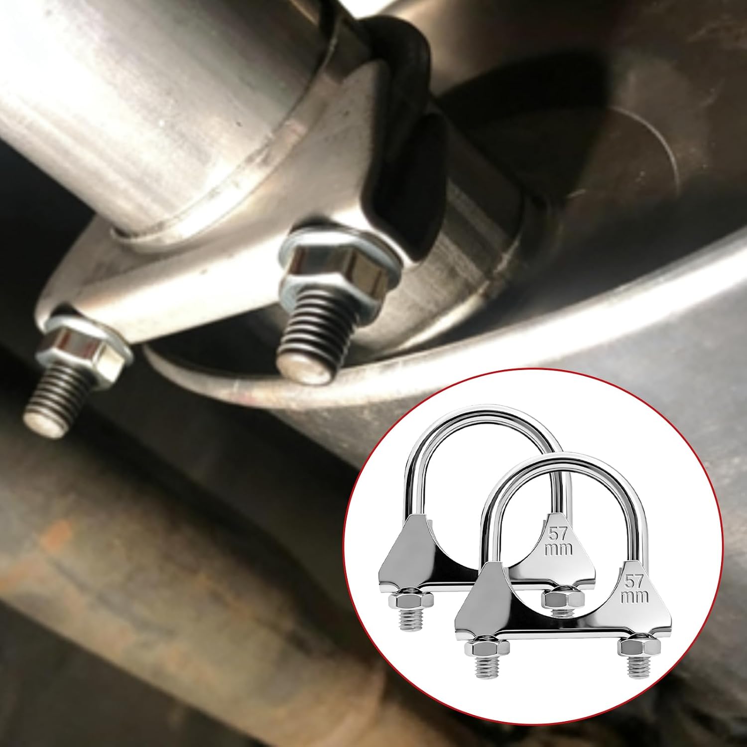 2.25" U-Bolt Exhaust Clamp, Stainless Steel Heavy Duty Design, 2.25 inch OD pipe Compatible Muffler Fastener, Universal Silencer Exhaust Pack of 2