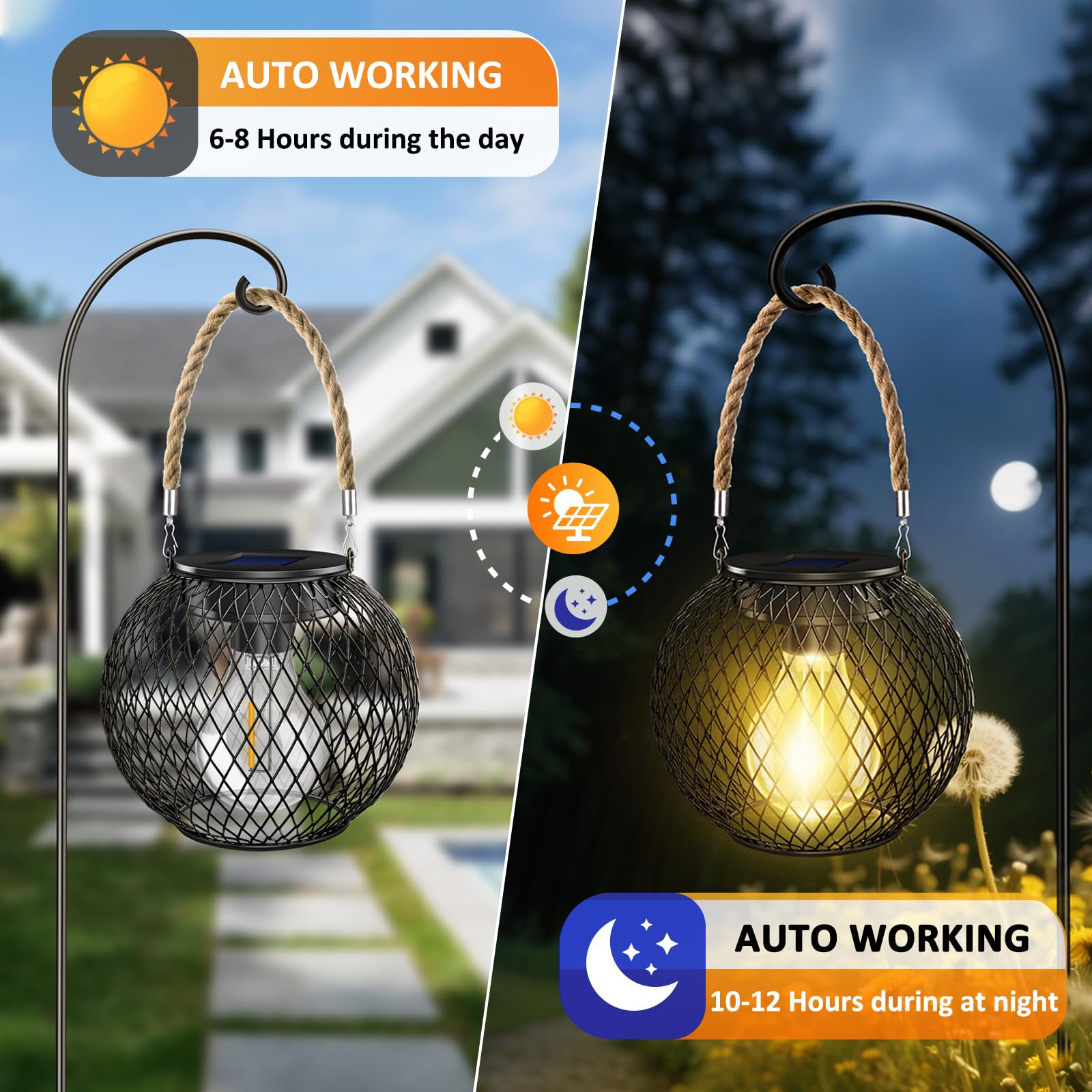 Liuyife Metal Solar Lantern Waterproof IP65, Auto On Off 2 Pack Hanging Lanterns with Bulbs - Image 3