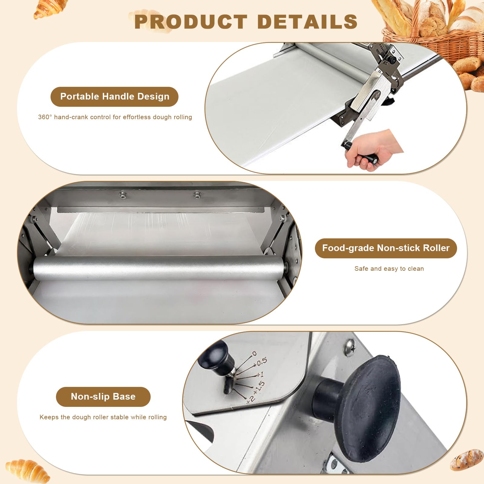 Laminoir à Pâte Pliable Manuel Laminoir à Pâte Feuilletée avec épaisseur Réglable 0-25 mm Laminoir Patisserie en Acier Inoxydable pour Pizza Croissants Pâtisseries Commercial Domestique