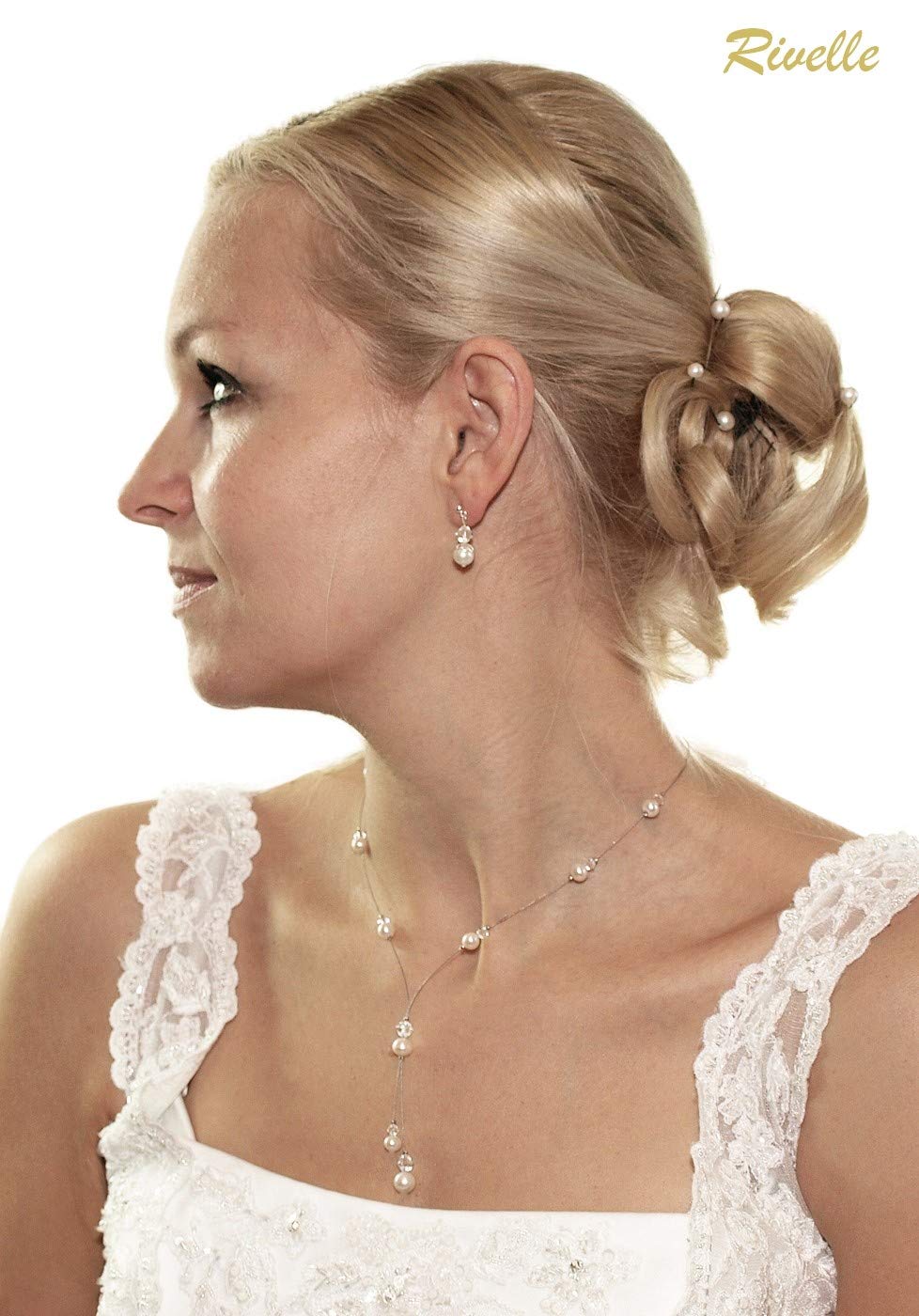 Rivelle Parure di gioielli da donna con perle d'acqua dolce e cristalli Swarovski, collana per matrimonio e confezione regalo
