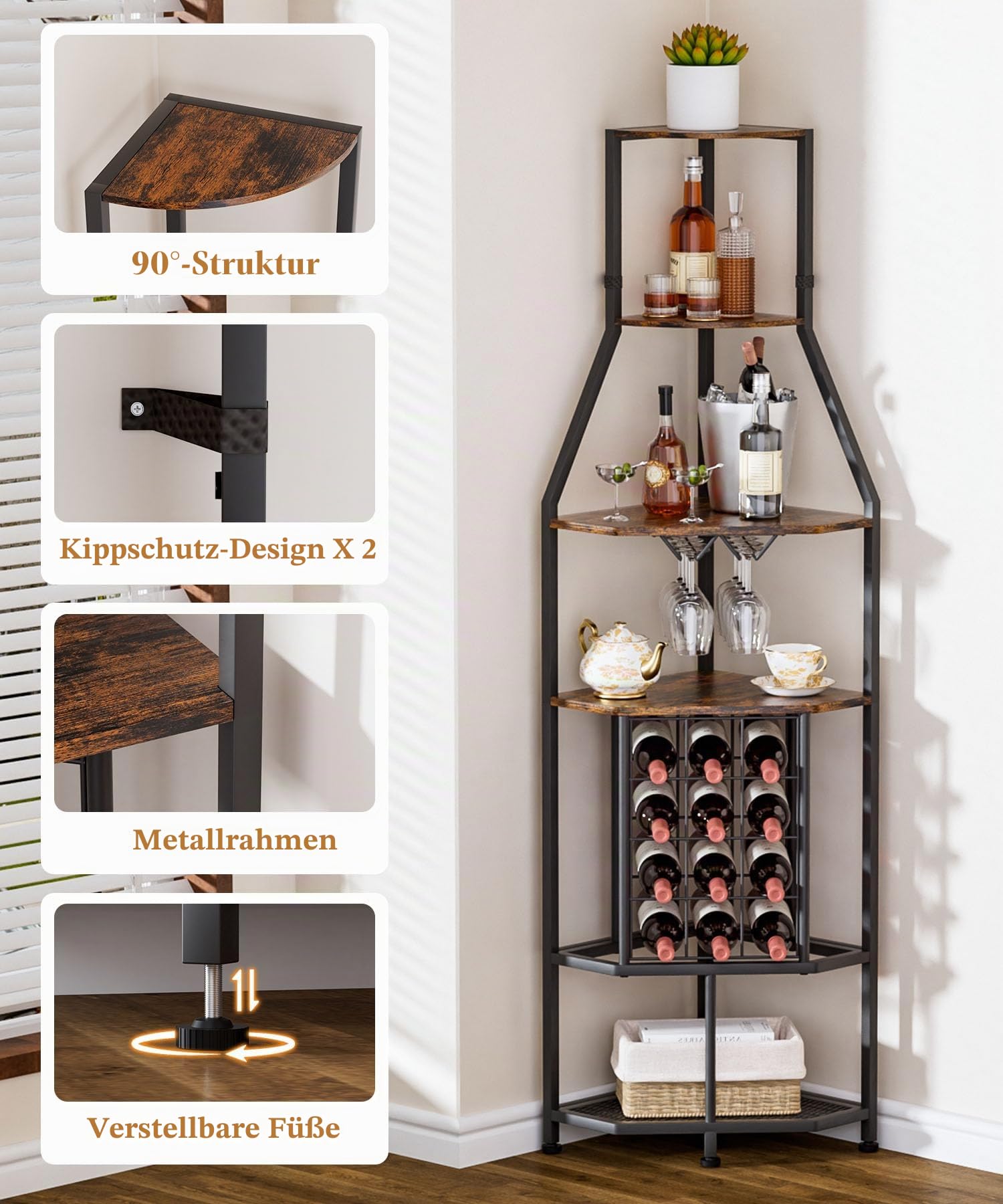 Yorbay 5-Stöckiges Freistehendes Weinregal für die Ecke | Eck-Weinregal mit Glashalter und Weinflaschenhalter - Industrielles Barregal aus Metall-Holz für Bar Küche Esszimmer