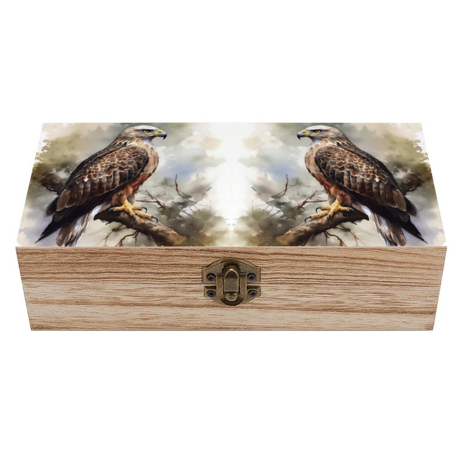 JTREHY Wooden Storage Box Container,Watercolor Of Hawk Sitting In The Treeprinted Desk Storage Box Room Decoration Box Souvenir Storage Box for Jewelry Gift Storage And Home Decoration