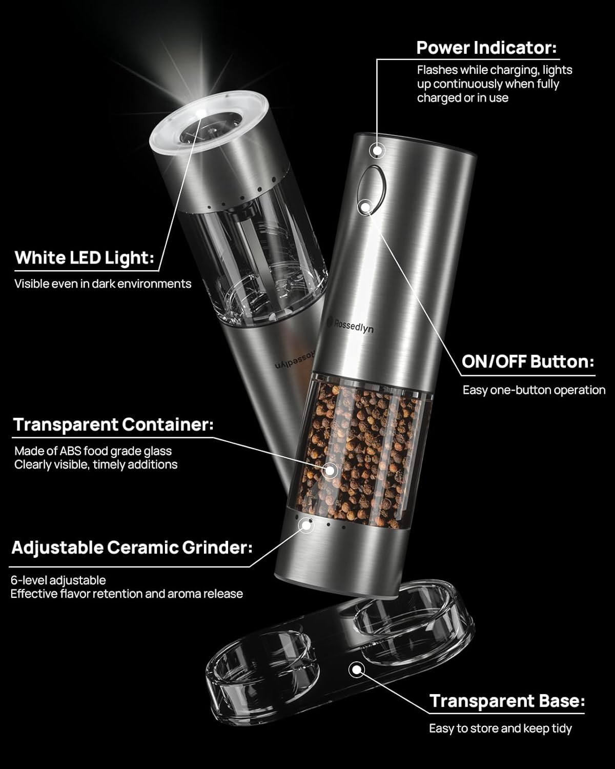 Electric Salt and Pepper Grinder Set Rechargeable with 6 Adjustable Coarseness, Upgraded Larger Capacity, Stainless Steel Automatic Pepper and Salt Grinder Mill White LED lights 2 Pack-S1 - Image 7