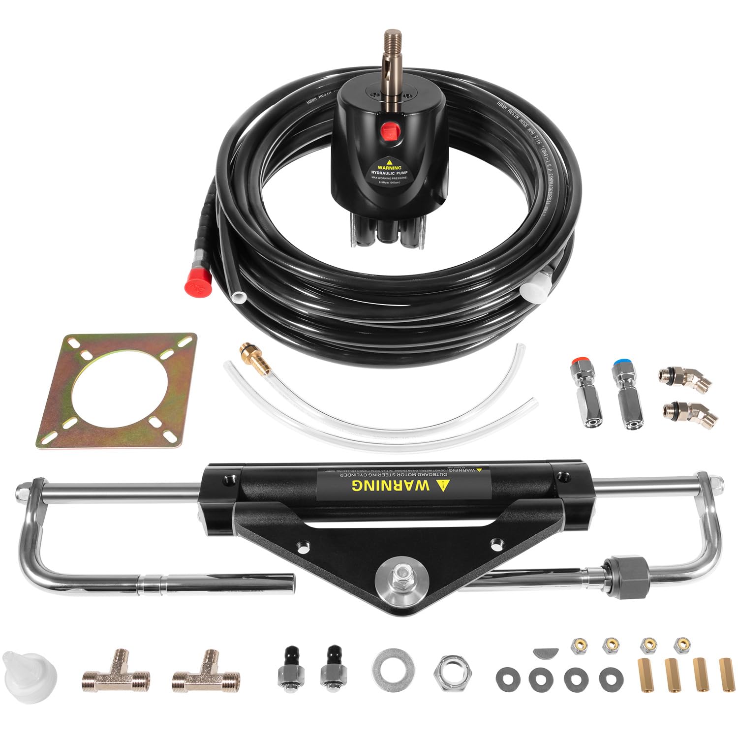 150HP Hydraulic Outboard Steering Kit - 6.9 Mpa/1000 psi Working Pressure, 409.7 kgf Output Force, Complete Boat Marine System for Singlem Built-in 2-Way Lock Cylinder, 150 HP Helm Pump, 26ft Hose