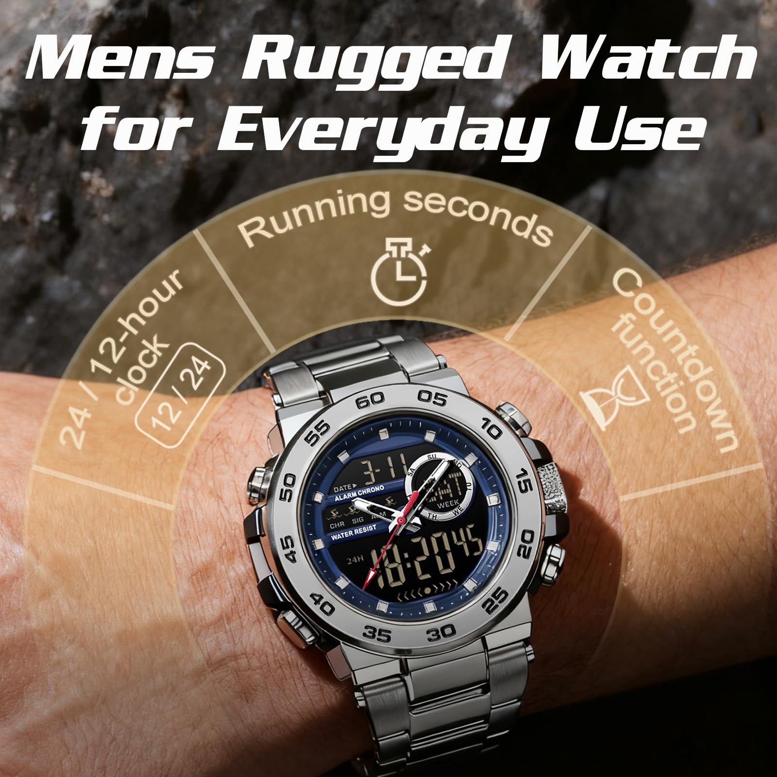 findtime Reloj digital táctico militar para hombre, resistente al agua, 5 ATM, reloj analógico con retroiluminación LED de 12/24 horas, alarma, cronómetro, timbre cada hora