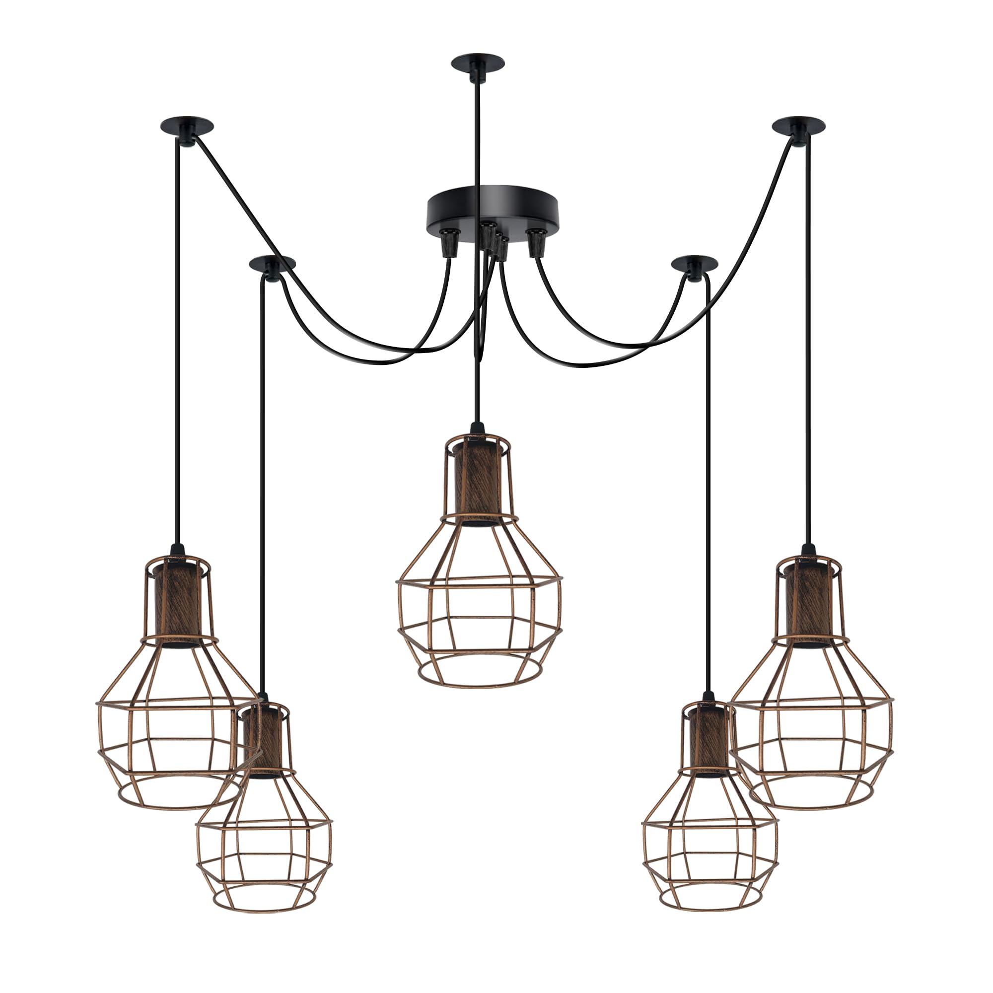 LEDSone 5 Brushed Copper Nest Cage Shade Heads Ceiling Spider Lamp E27 Pendant Light Fixture Adjustable DIY Lighting Spider Ceiling Light Hanging Lamp for Dining Room,Kitchen Bedroom,Farmhouse