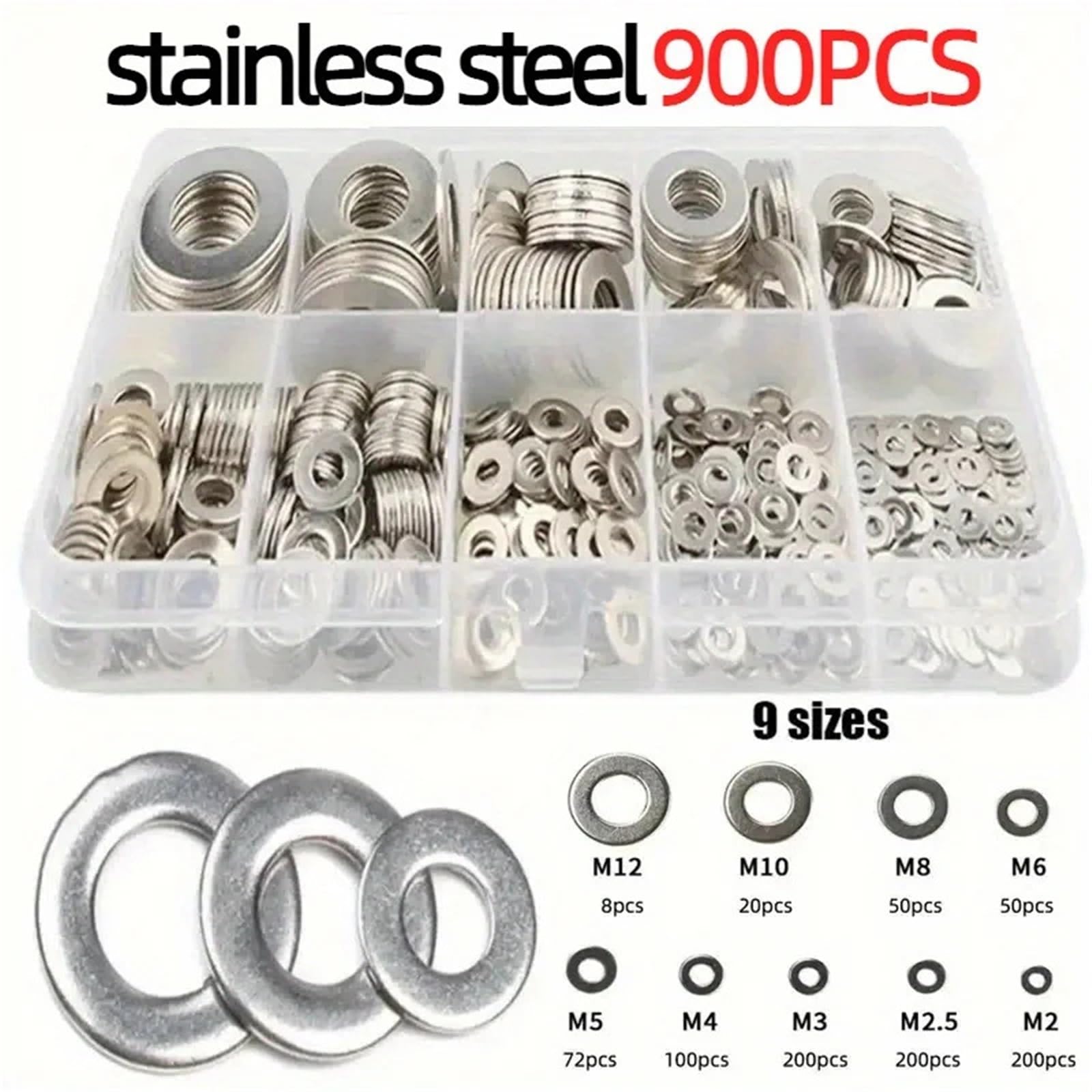 Rondelles Metal Kit d'assortiment de rondelles simples en acier inoxydable, 900 pièces, M2-M12 for les projets de machines de bricolage, accessoires de quincaillerie de fixation à vis