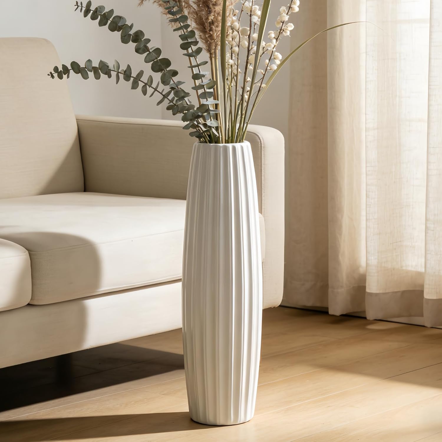white tall floor vase, 24" ceramic large vase, decorative flower vases for modern home decor living room office bedroom kitchen wedding centerpieces farmhouse décor vertical stripes height-24 inch