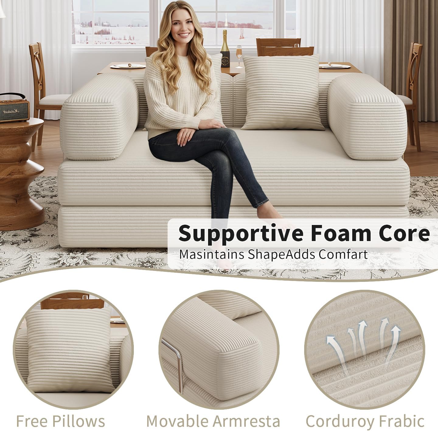 BSHOMGI 4 in 1 Futon Sofa Bed Queen Size - Foldable Convertible Sleeper Sofa Couch, Removable Washable Corduroy Cover, Space Saving Floor for Living Room (Beige, 53.15" Double Sofa)