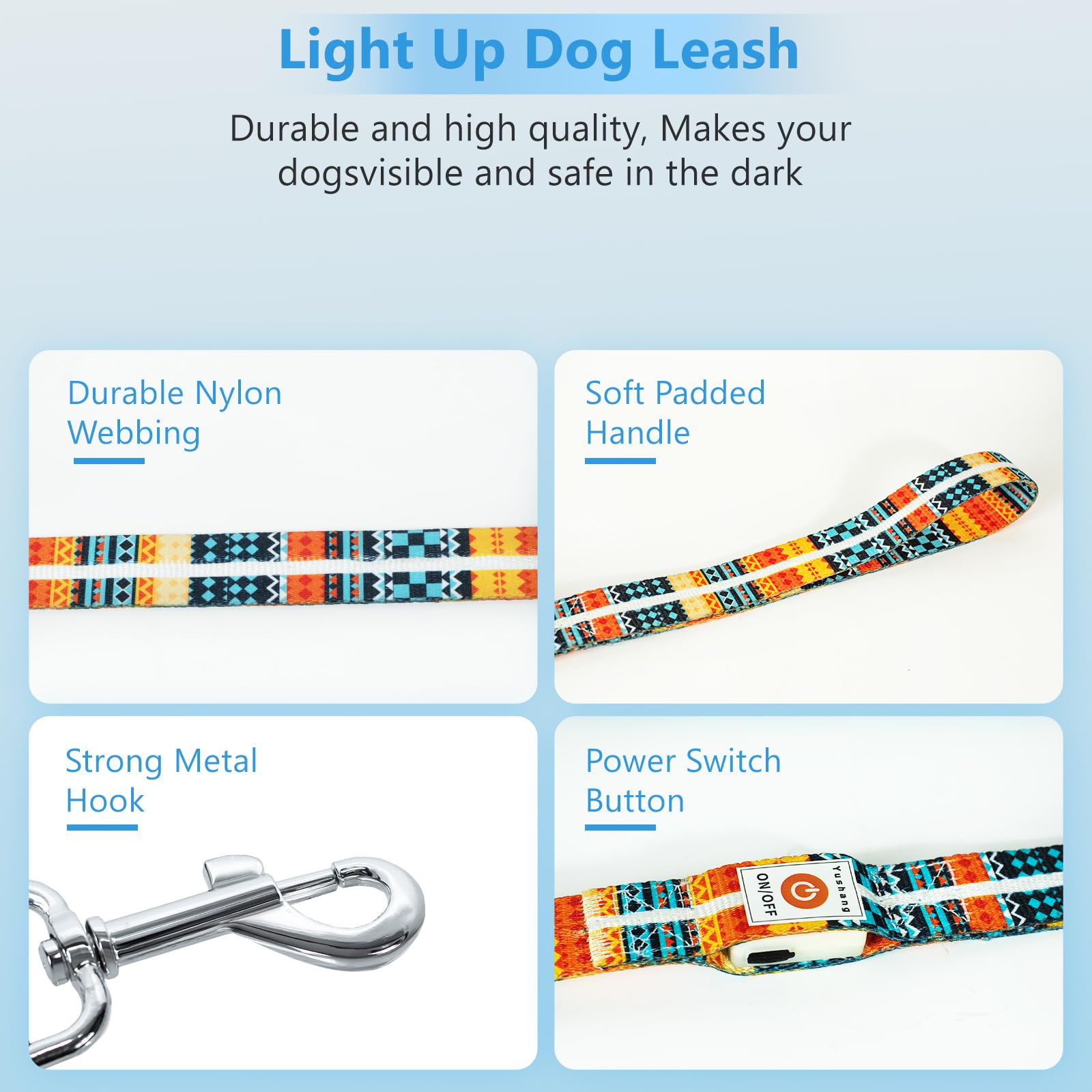 YUSHANG Light Up LED Dog Leash - Rechargeable, 5 Ft, 3 Lighting Modes for Medium Large Dogs Walking at Night (L:1.5m/W:25mm) - Image 3