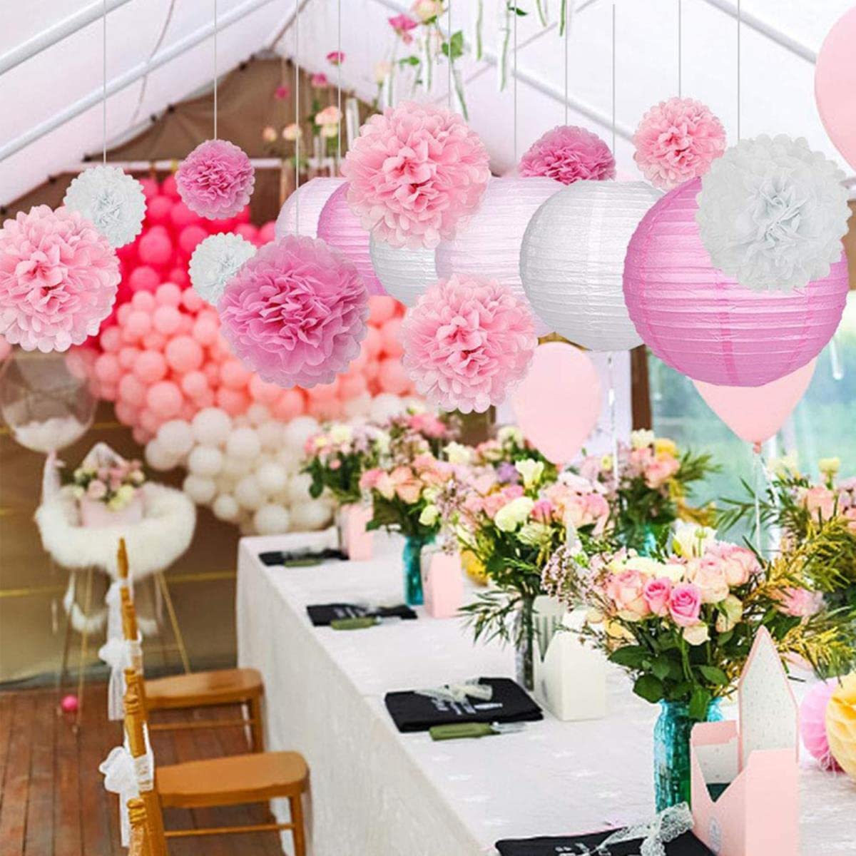 AITIHYA 11-16pcs Fiori di Carta velina Lanterne di Carta a Sfera Pom Poms Lanterna di Carta Mista Fai da Te Anniversario di Matrimonio Doccia Decorazioni per Feste-D 11 Pezzi, 2 Set