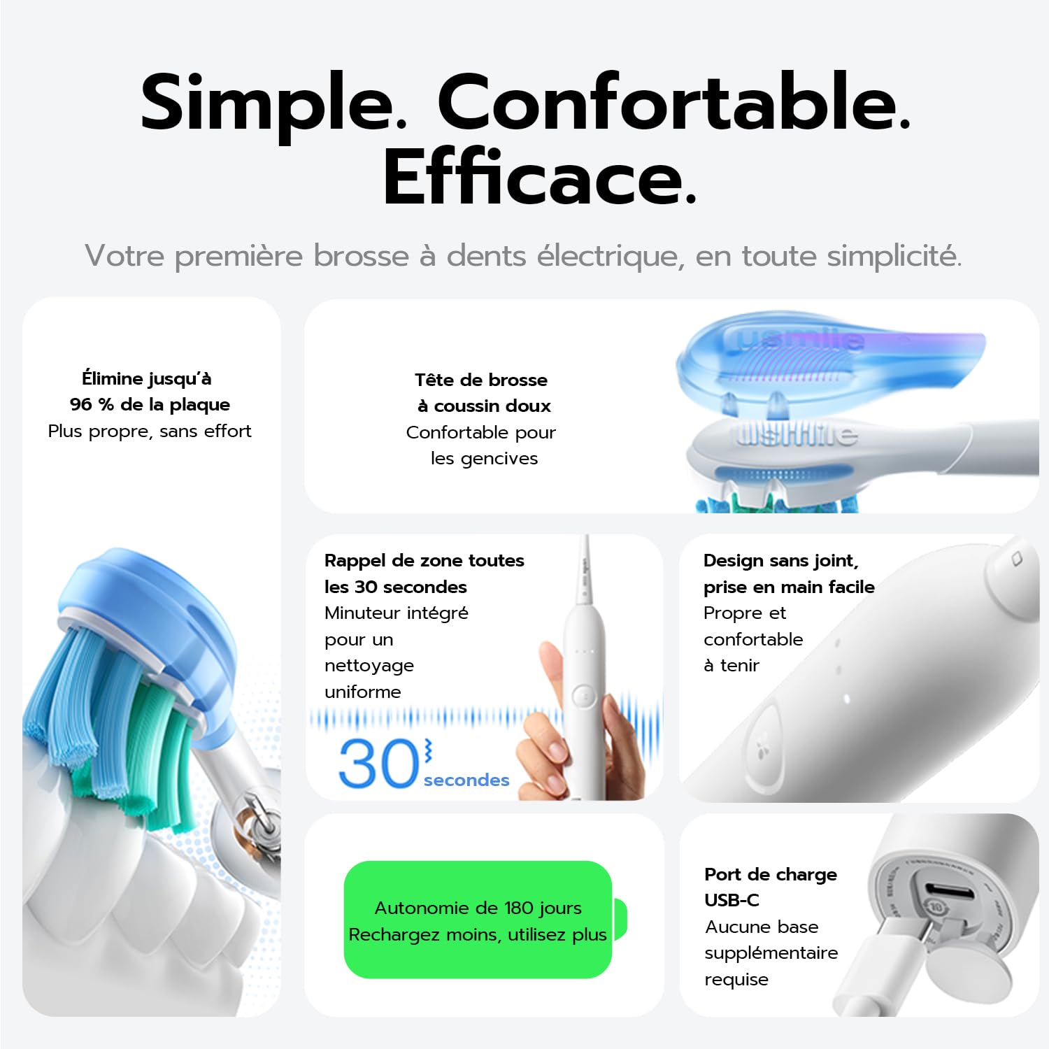 usmile P10S Brosse à Dent Électrique - 3 Modes : Nettoyage Profond & Blanchiment, Autonomie 180 Jours, Tête à Brosse Souple Gencives pour Dents Sensibles, Minuterie Intelligente, 2 Têtes de Rechange