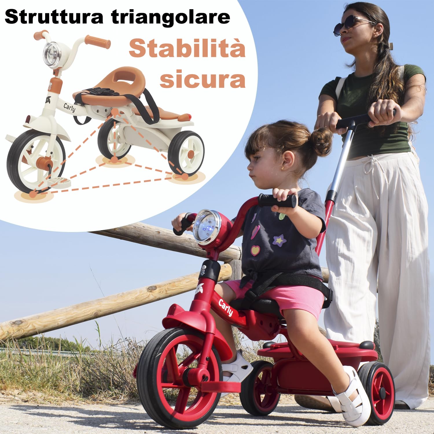 Twinly Triciclo Evolutivo per Bambini Pieghevole per bambini 1-5 Anni - Triciclo per Bambini Leggero e Compatto - Manubrio con Luce e Suono, Cestino e Barra di Spinta Regolabile Carly (Bianco)