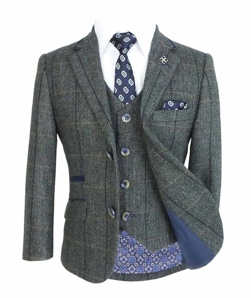 SIRRI Completo da Uomo e Bambino in Misto Lana con Motivo a Quadri in Tweed a Spina di Pesce, Set da 3 Pezzi