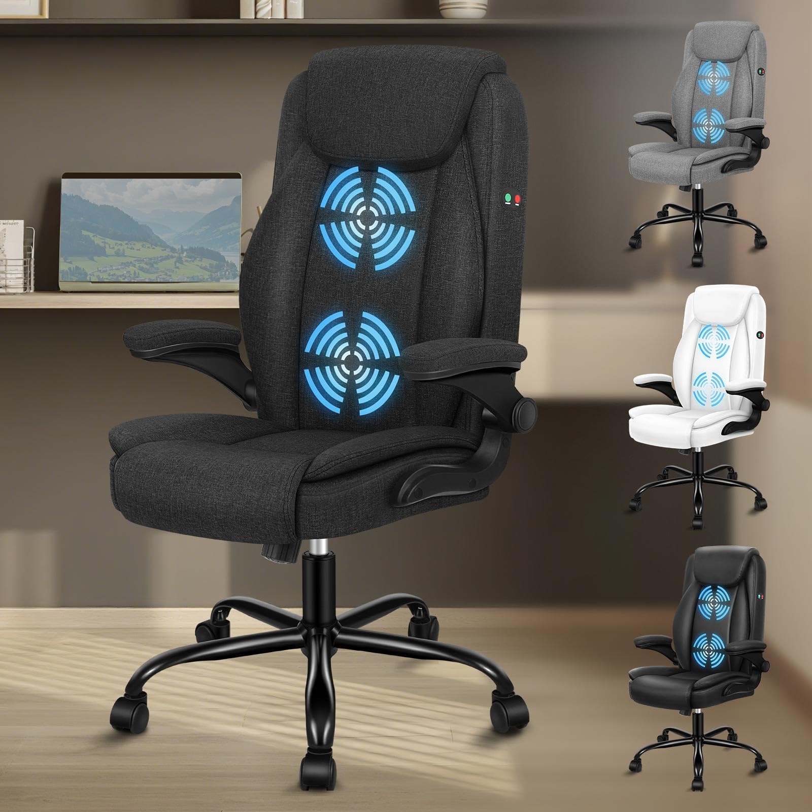 ALFORDSON Sedia Ufficio con Massaggio, Sedia Scrivania Ergonomica con Supporto Lombare, Poltrona Girevole ad Altezza Regolabile per Ufficio e Studio Sala Riunioni, Portante 150 kg, Tessuto(Nera)