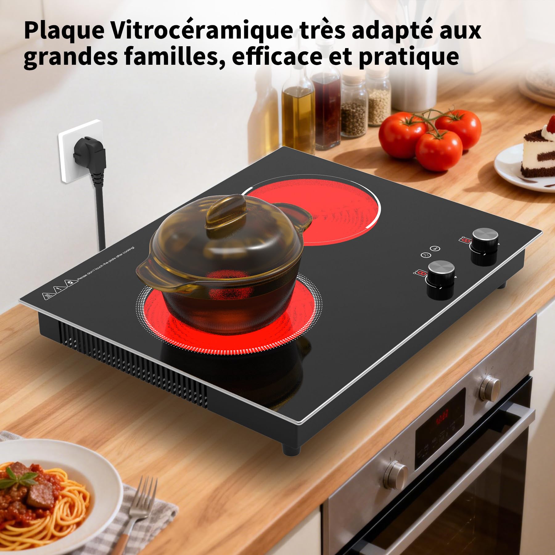 VBGK plaque vitrocéramique 2 feux, plaque de cuisson 3000 W 9 niveaux de chauffe, minuterie et sécurité enfant, commande tactile à bouton LED avec prise