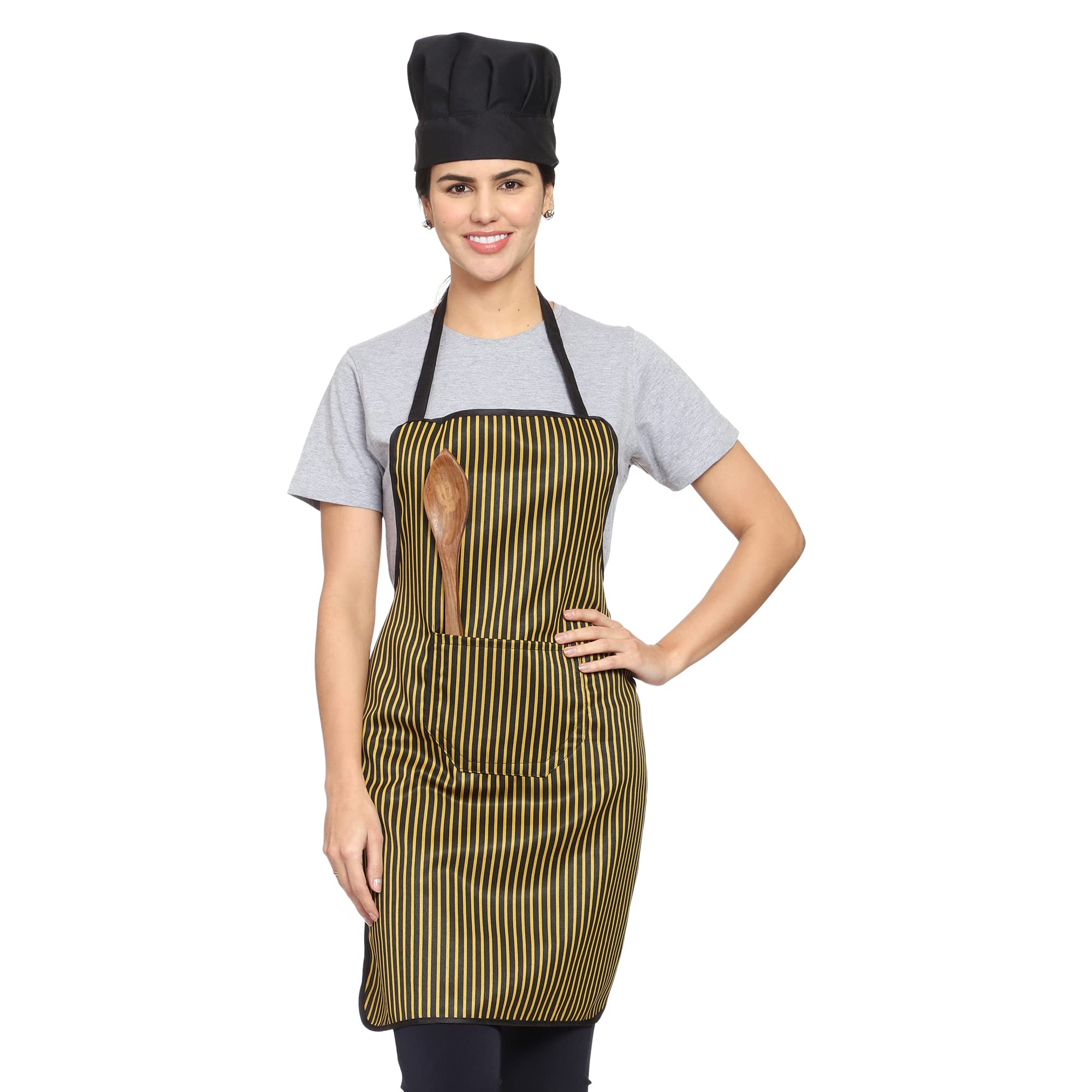 Whitewrap Polyester Striped Bib Aprons With Chef Cap, Water Oil Stain Resistant Chef Cooking Kitchen Aprons with Pockets for Men Women (1 Pack)