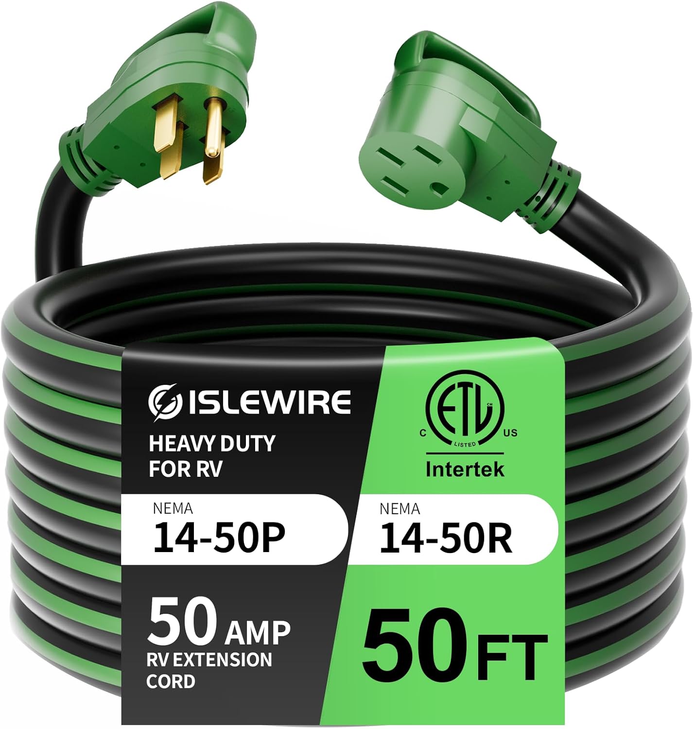 50 Feet 50 Amp RV/EV Extension Cord with Grip Handle, Heavy Duty 6/3+8/1 Gauge STW 4 Prong RV Power Cord, NEMA 14-50P/R with Cord Organizer for Tesla Model 3/S/X/Y, Black & Green, ETL Listed