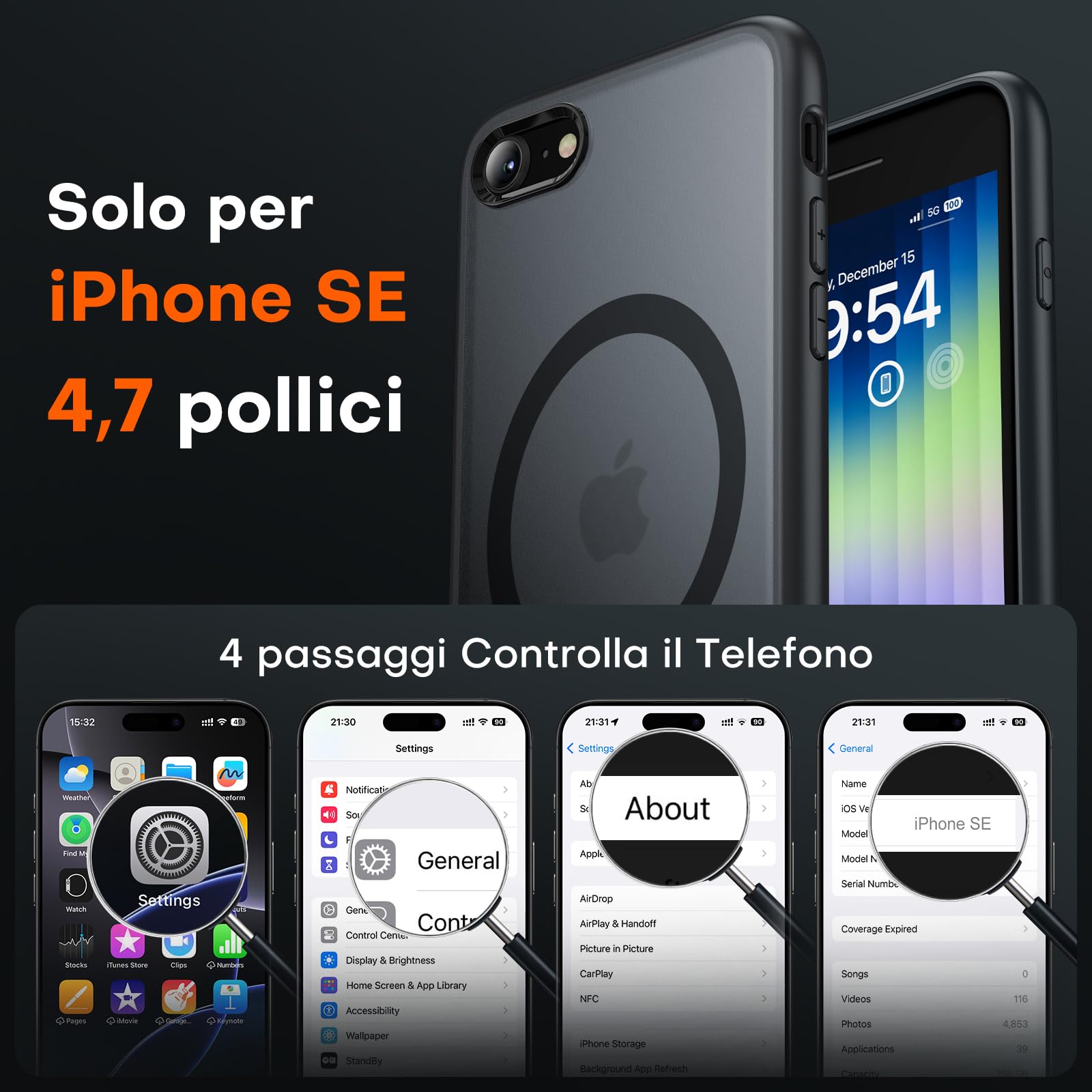TOCOL Cover Magnetica per iPhone SE 3 2 (2022,2020), iPhone 8 7 4,7 Pollic, Compatibile con MagSafe, Custodia Antiurto Traslucida Opaca, Nero