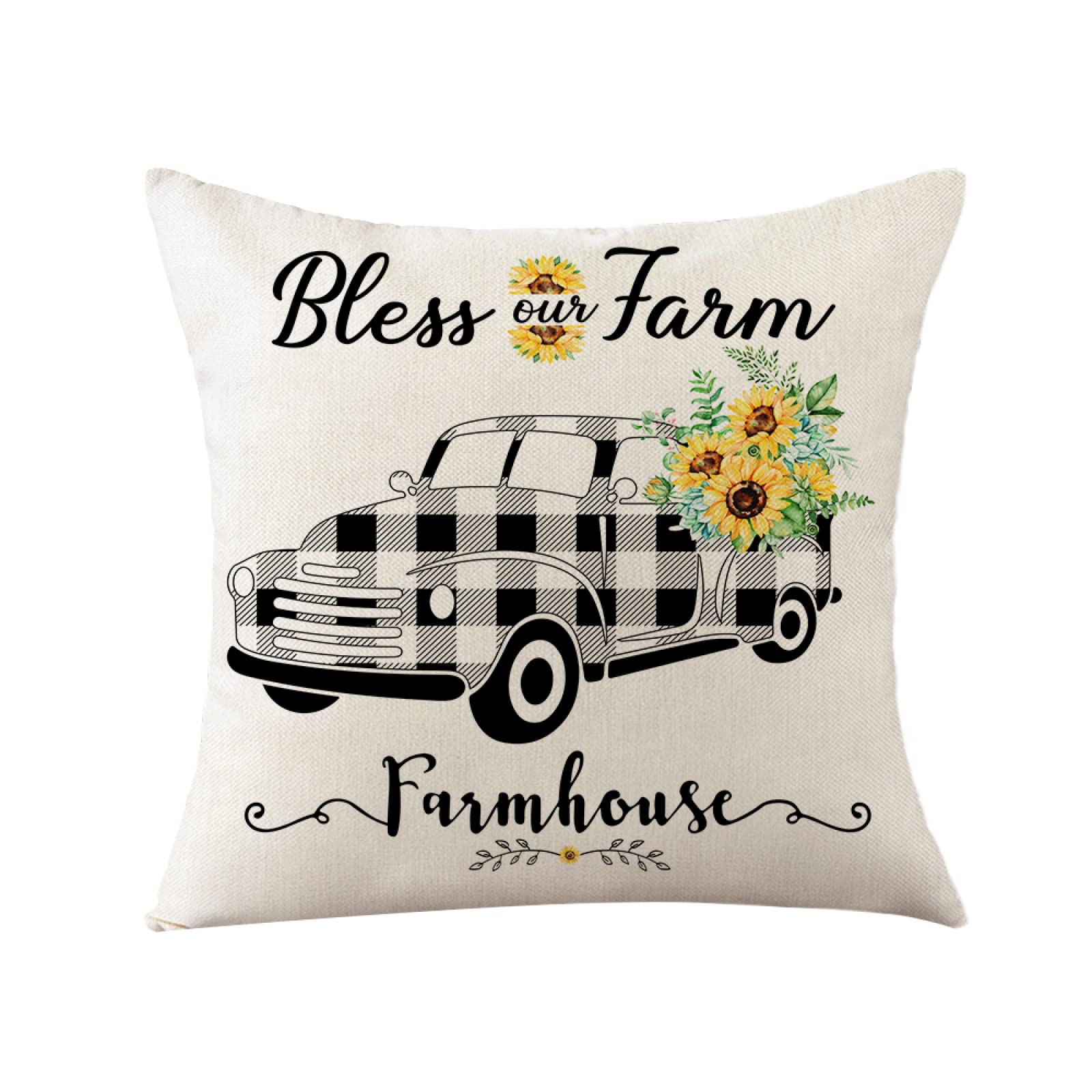 Sofa Fundas Cojines 55x55 Pack de 4 Cuadrado,Funda de Almohada Lino con Cremallera Invisible,Funda de Cojín Decoración para Hogar Sala Cama Jardín Silla Coche-Girasol a Cuadros