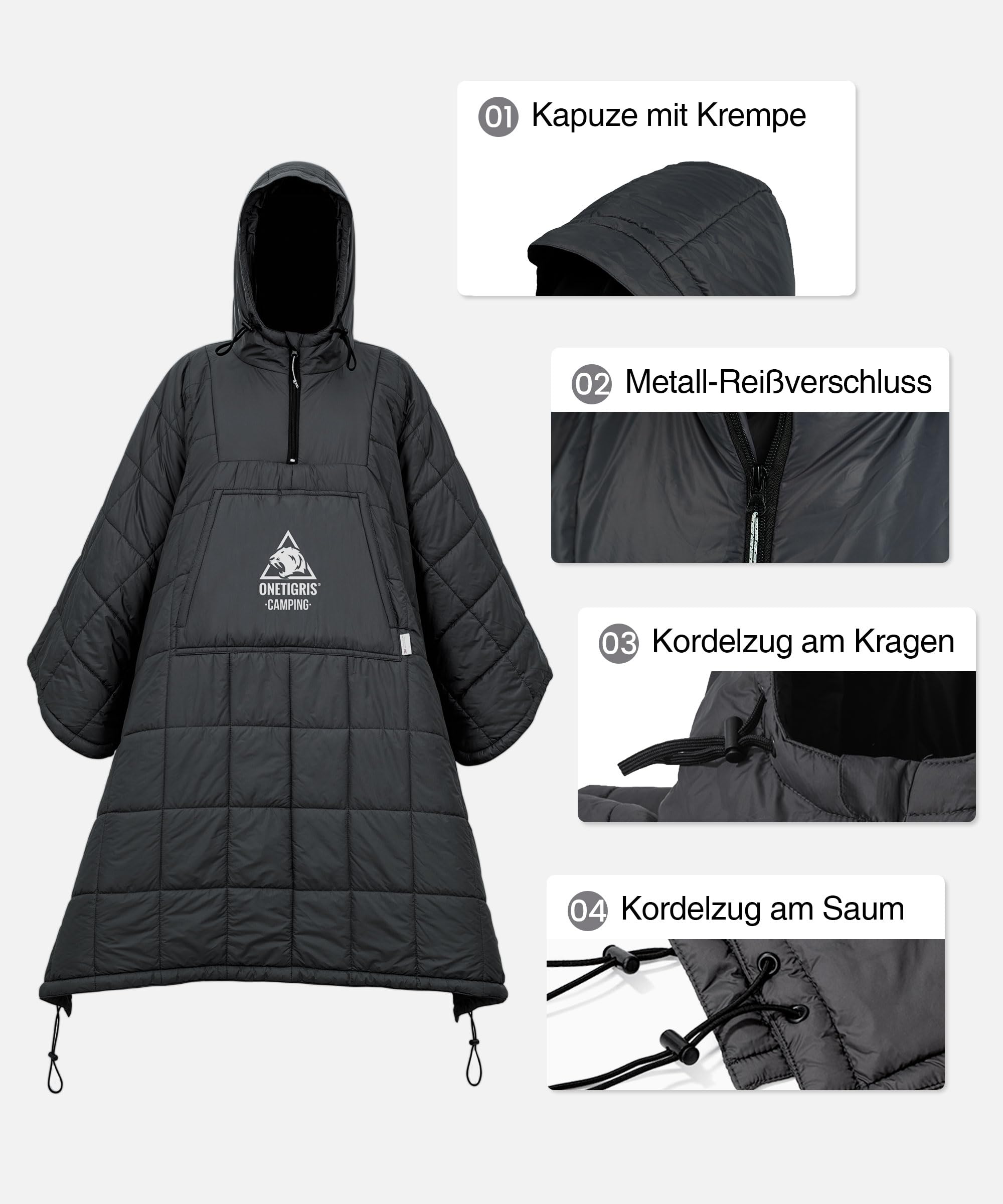 OneTigris Manta de poncho de camping con aislamiento Thinsulate 3M, manta impermeable cálida, con bolsillos grandes, manta portátil con capucha para exteriores, senderismo, viajes