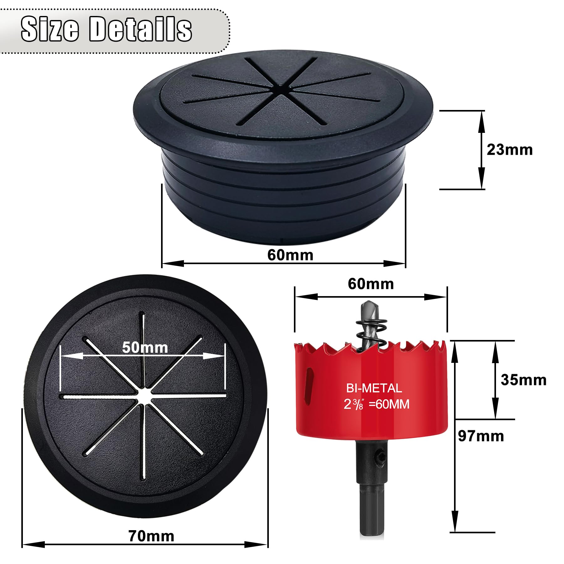 Confezione da 6 nascondicavi per TV, 60 mm, kit di gestione cavi da parete, per TV a parete, kit nascondi cavi TV dietro la parete, include 2 passanti e attacco per trapano (nero)