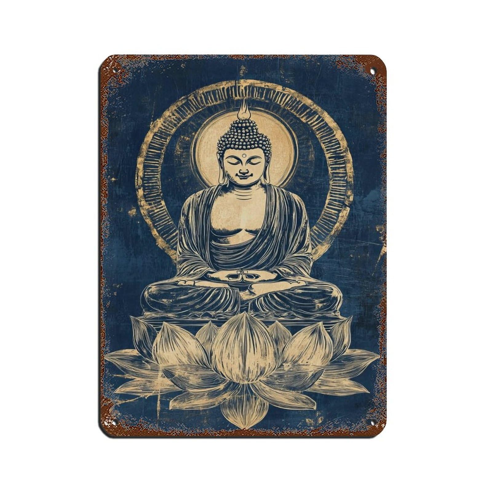 Golden Buddha on Lotus Flower,Spiritual Zen Art Gift Tin Sign Vintage Metal Pub Club Cafe Bar Home Wall Art Decoration Poster Retro 12x16inch(30x40cm)