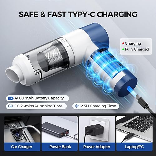 Miniatura 5 de Aspirador de automóvil inalámbrico, 4 en 1, aspiradora portátil 16000 PA de alta potencia, soplador de aire y bomba, aspiradora de mano recargable