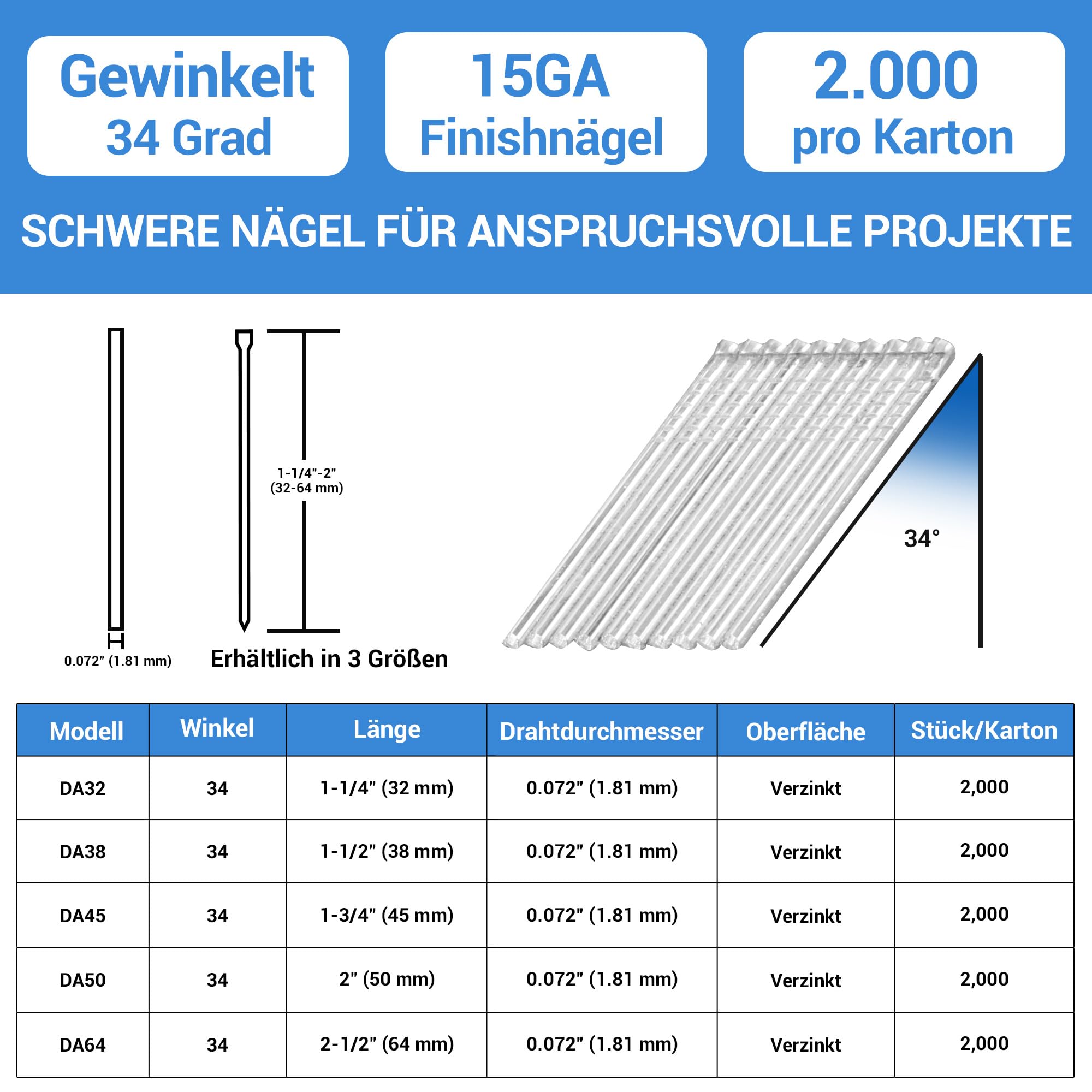 meite Gewinkelte Stauchkopfnägel 15 Gauge 50 mm, 34 Grad Typ DA Finishnägel, Verzinkt Nägel für Nagelpistole, Ideal für Fensterrahmen, Schrankbau & DIY-Projekte (2.000 Stück)