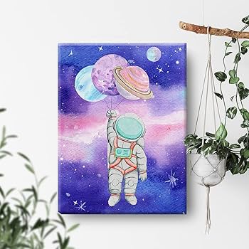 Amazon｜宇宙 キャンバス ウォールアート 水彩画 惑星 宇宙飛行士
