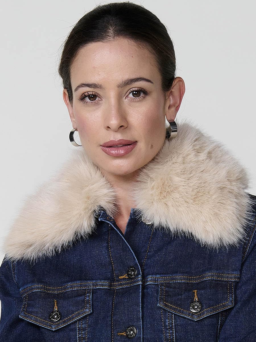 Koroshi Chaqueta cazadora vaquera denim oscuro forro interior efecto pelo y cuello pelo no animal extraíble
