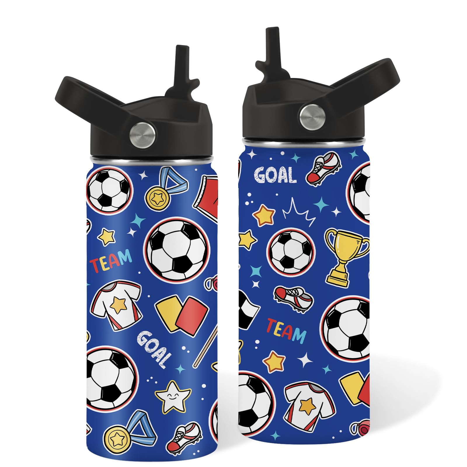 Football Thermos Cup Gifts, 16oz Blue Water Bottle with Straw Lid, Stainless Steel Insulated Tumbler, Leakproof, BPA-Free, for Travel, Football Lovers Children Birthday Gift Cup