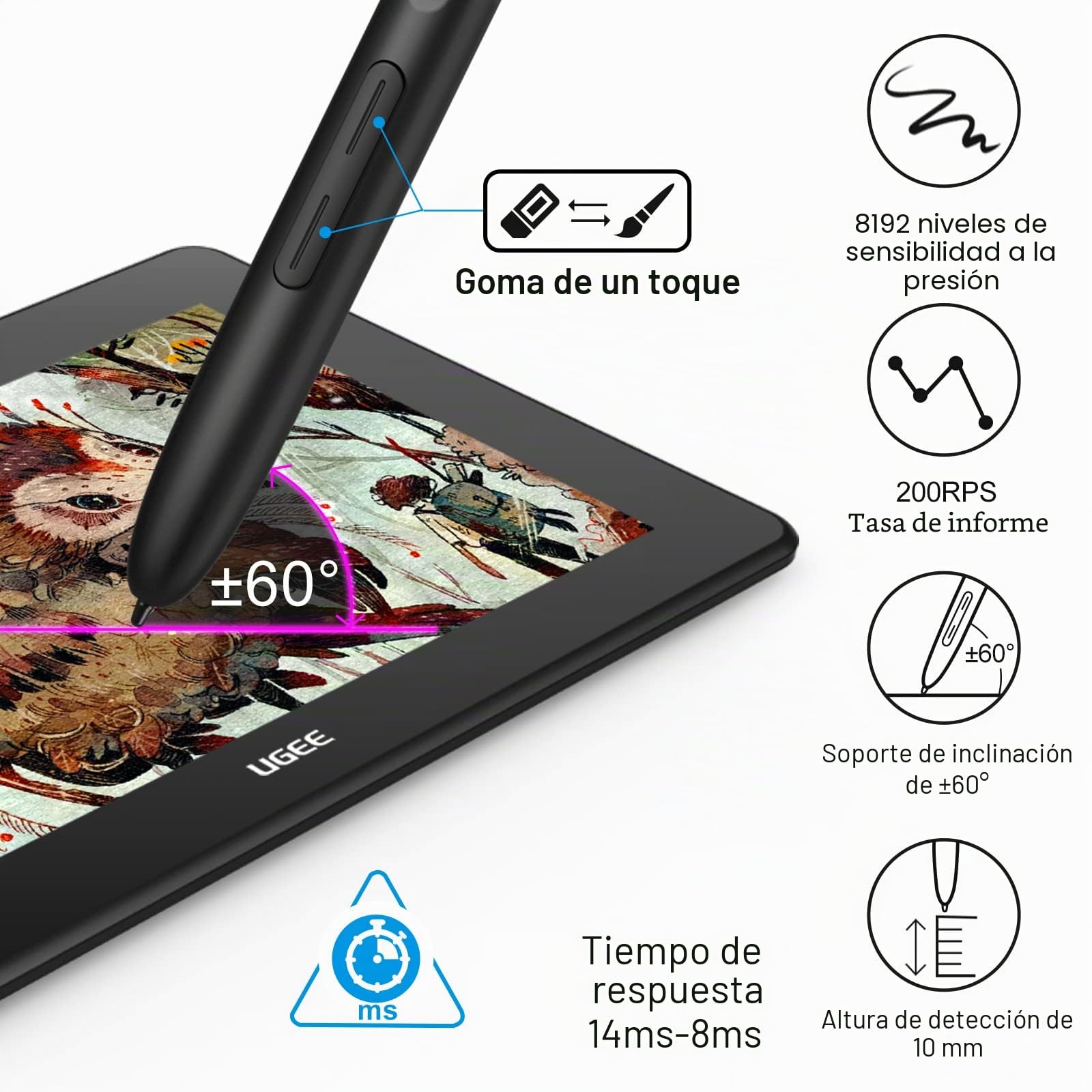 UGEE U1600 Tableta de Dibujo, Monitor de Dibujo FHD de 15,4 Pulgadas computadora Digital Tableta de Dibujo de Arte con Pantalla 8192 Stylus sin batería para Windows, Mac, Chrome OS 88, Android, Linux