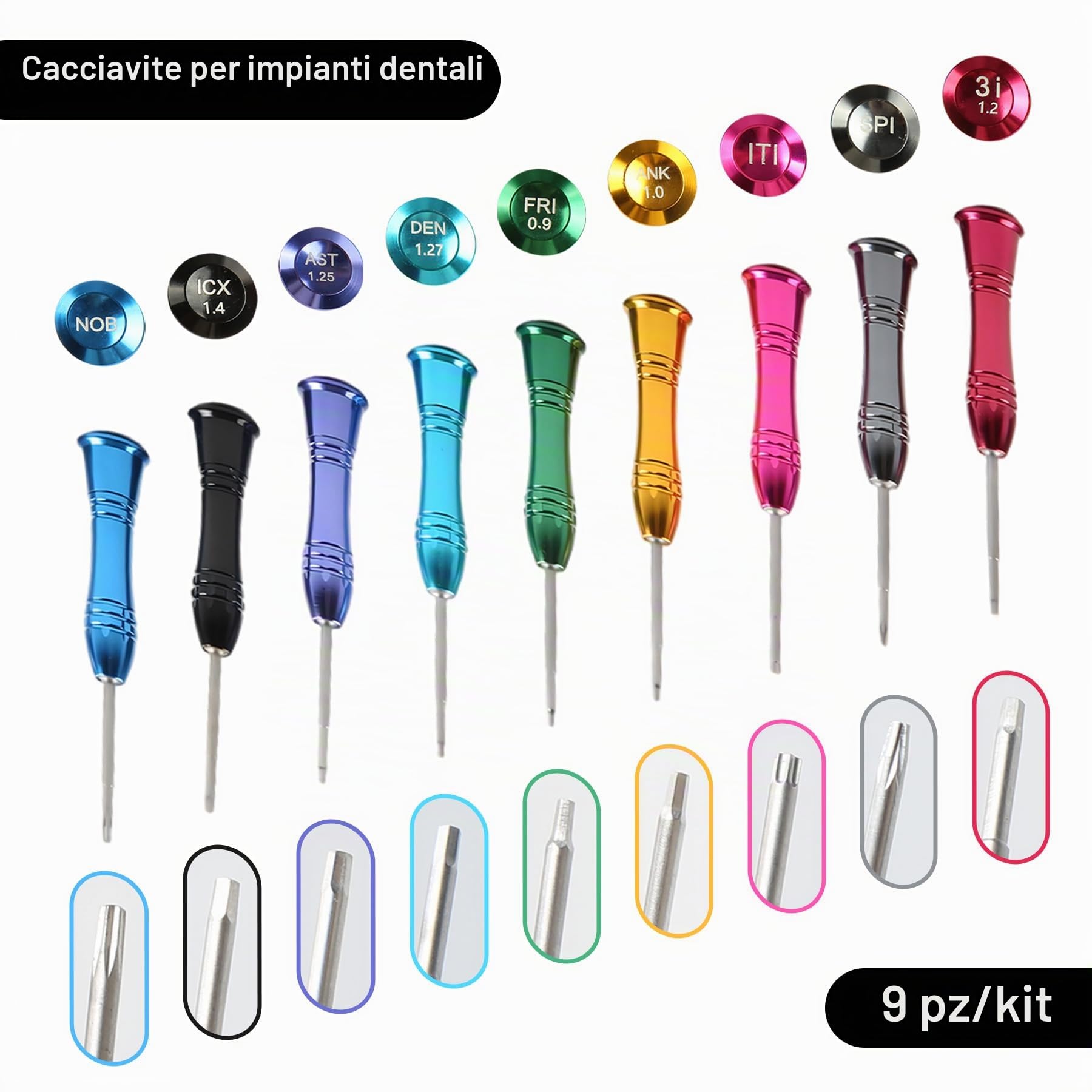 Cacciavite per impianti dentali, kit universale per riparazione di impianti dentali, con base in acciaio inox, 9 pezzi (blu)