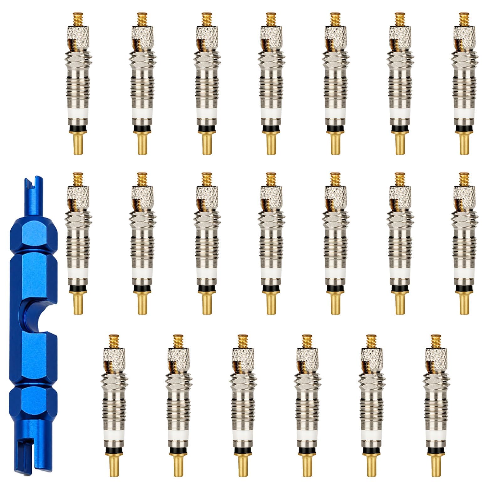 20 Pcs Presta Valve Cores With Wrench, High-Pressure Brass Bicycle Valve Replacement, Universal Valve Core Kit 5mm X 26mm Removable Core Presta for Road Bike Mountain Bike MTB Tire Tube Repair