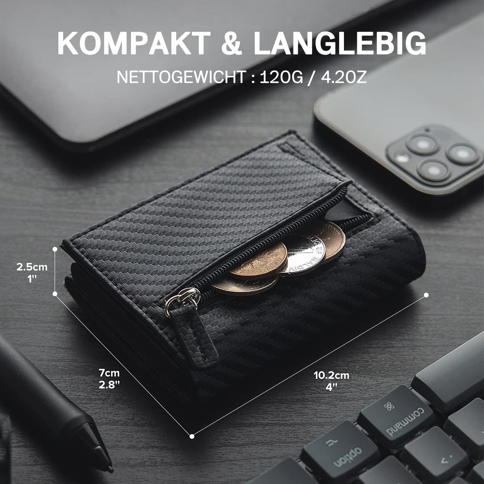 skórzany portfel męski Slim z kieszenią na monety etui na karty mały/mini z ochroną RFID etui na karty portfel czarny węglowy inteligentny portfel męski