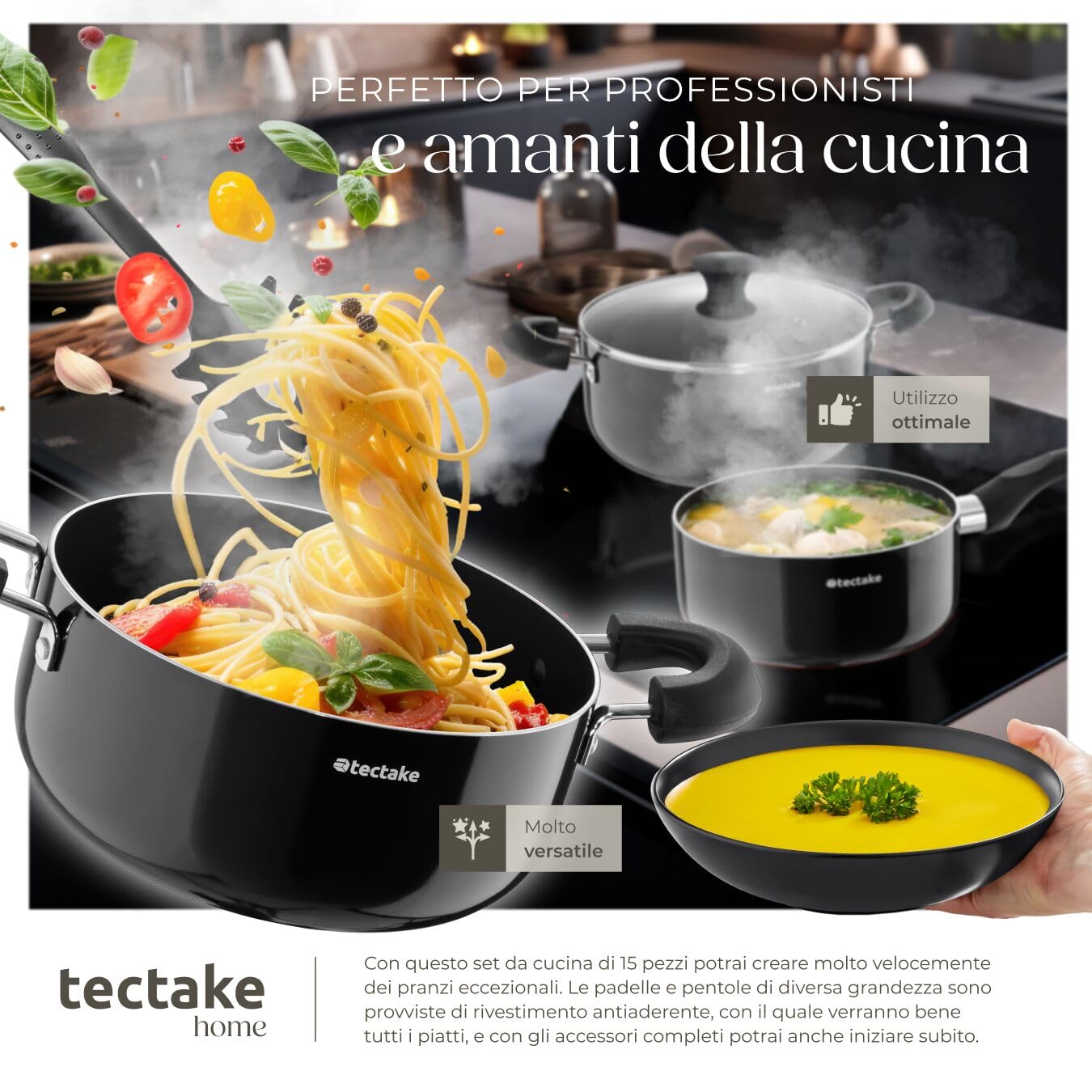 tectake®, Set cucina completo, 45 pezzi, set servizio piatti per 6 persone, per microonde, moderni, 6 ciotole, tazze, 18 piatti eleganti, 2 pentole, casseruole, padelle antiaderenti, coperchi - Nero