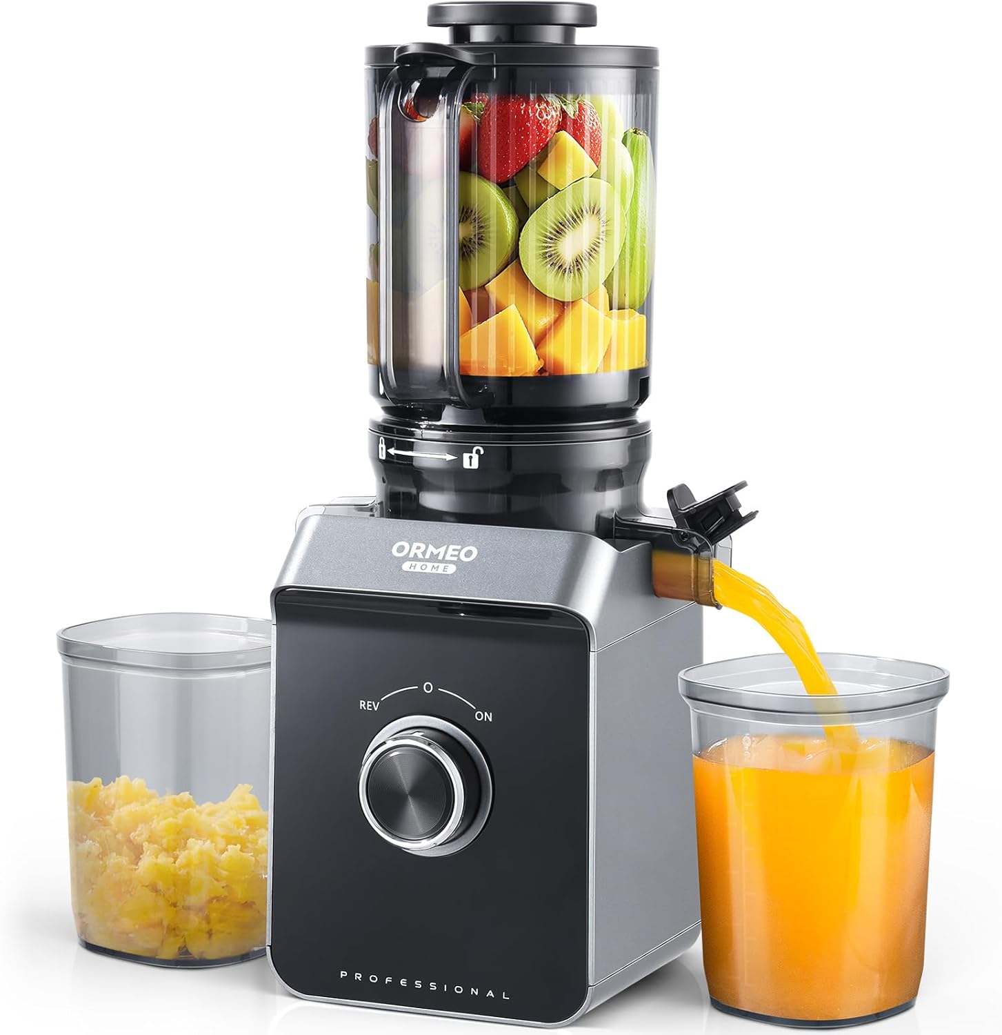 Cold Press Juicer, ORMEO HOME Masticating Juicer Machines with 4.35″Large Feed Chute Fit Whole Vegetables & Fruits, with Pulp Seperation, 99.6% Juice Purity, Quiet Motor, Easy to Clean,BPA Free
