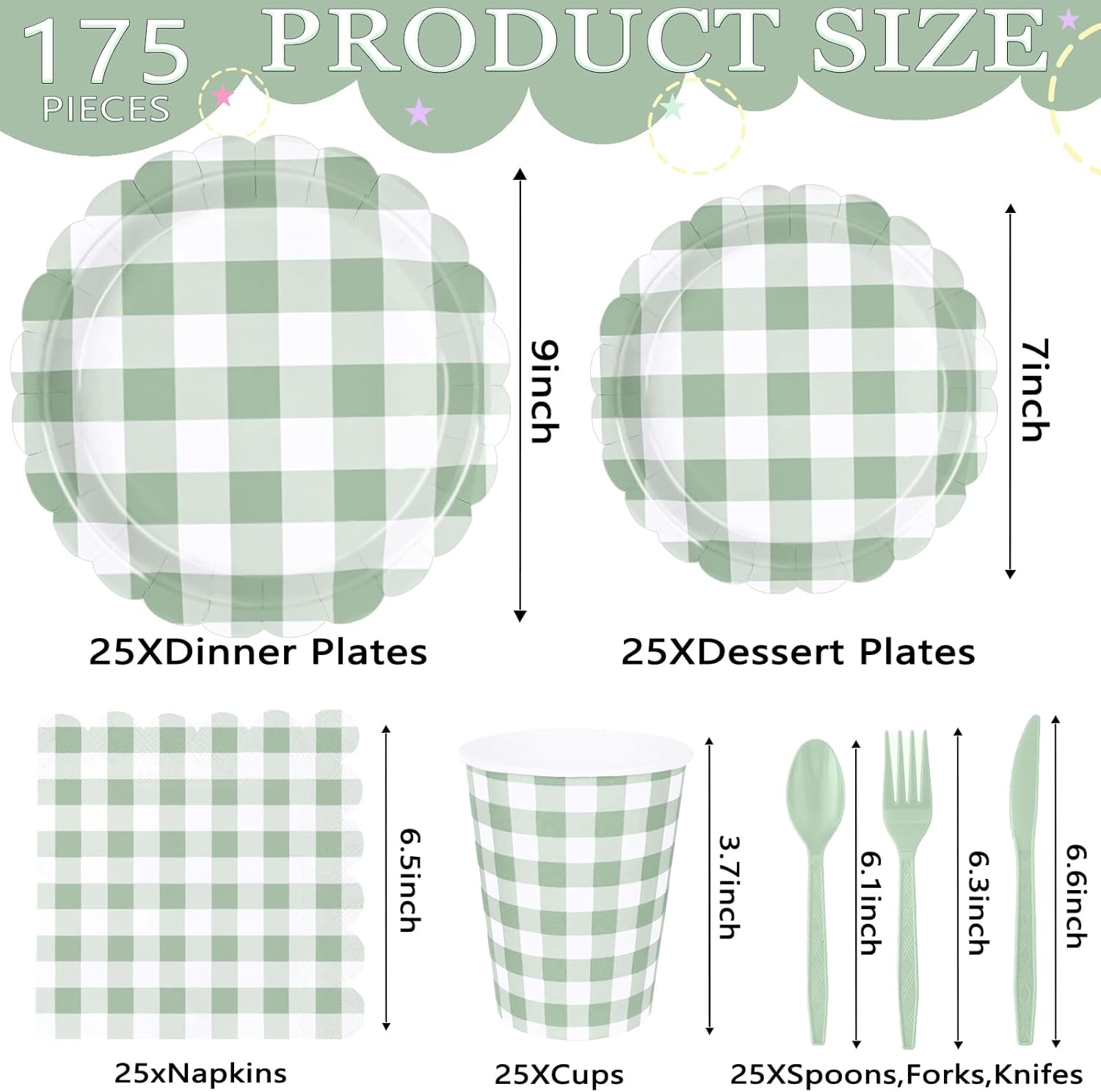 175 PCS Sage Green Gingham Plates and Napkins, Green Checkered Disposable Plates Set with Napkins Cups Plastic Spoons Forks Knives for Dinner Birthday Baby Shower Wedding Supplies Serve 25 Guests - Image 7