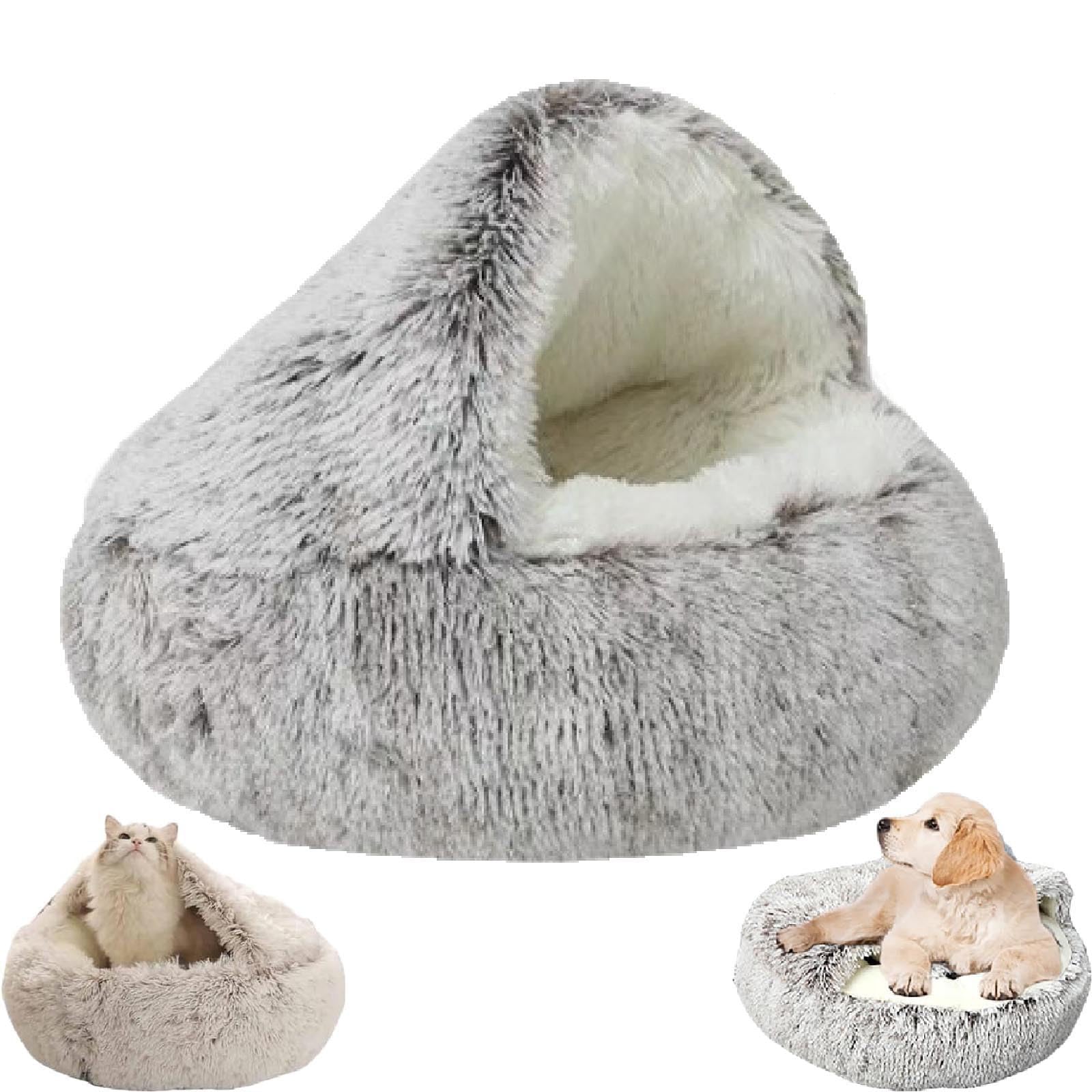 Zureto Cozy Cocoon Pet Bed for Dogs, Winter Pet Bed, Covered Dog Bed for Small Dogs, Winter Comfy Cocoon Pet Plush Bed (60 * 60 cm, coffee long plush)