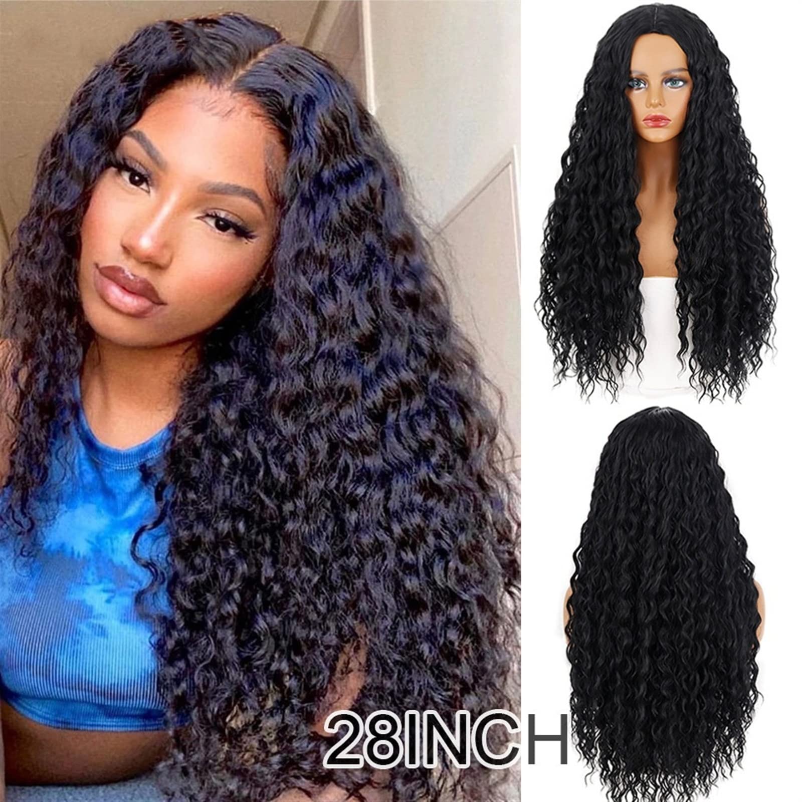 Peruki damskie długie afro kręcone peruki dla czarnych kobiet naturalne syntetyczne środkowa część 28" Żeles odporność na ciepło włókna peruki do codziennego użytku na co dzień impreza