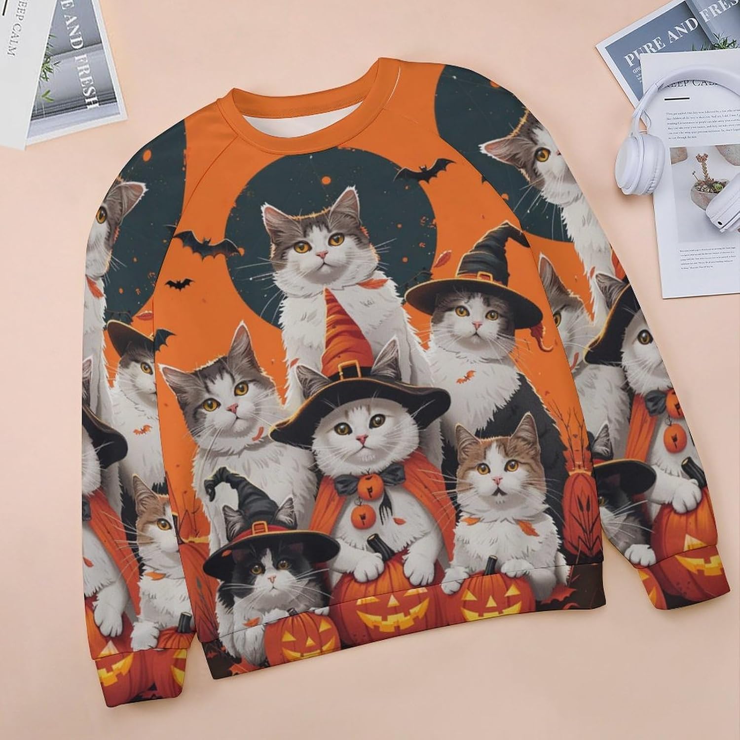 Sweatshirt for Women Halloween Cat Print Crewneck Casual Vacation Trendy Fashion Funny Warm Long Sleeve Shirts - Image 3