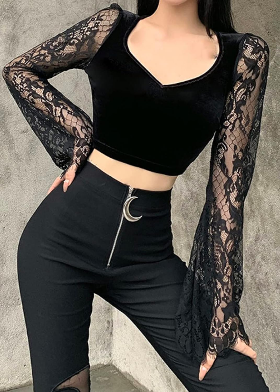 TSMNZMU Womens Gothic Crop Tops - Velvet Lace Long Sleeve V Neck Shirt - Dark Grunge Punk Style - Image 5