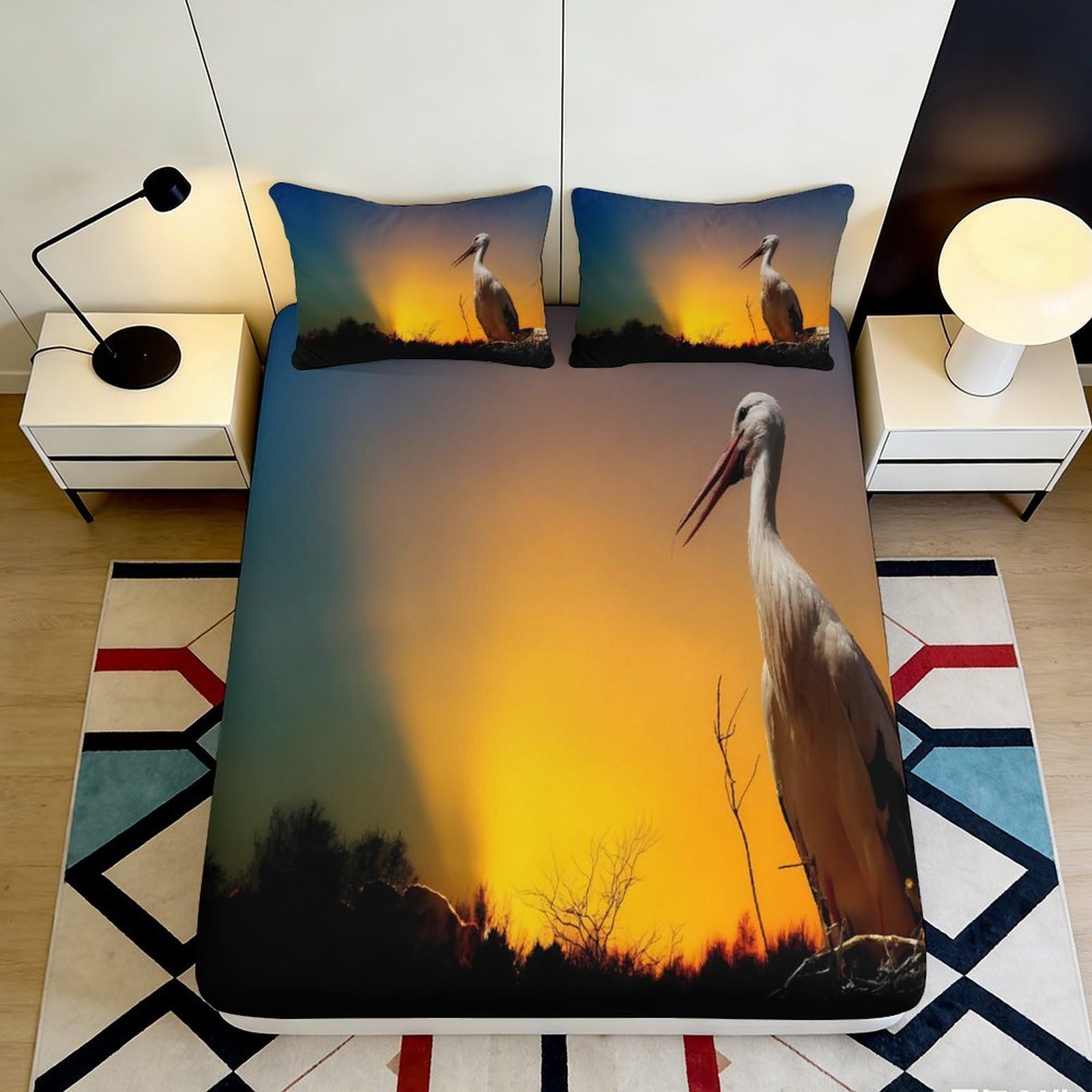 3D Printed Sunset Stork Fitted Sheet Microfiber Soft Anti-Slip Bird Silhouette Mattress Cover for Bedroom Decor 180x200x25cm